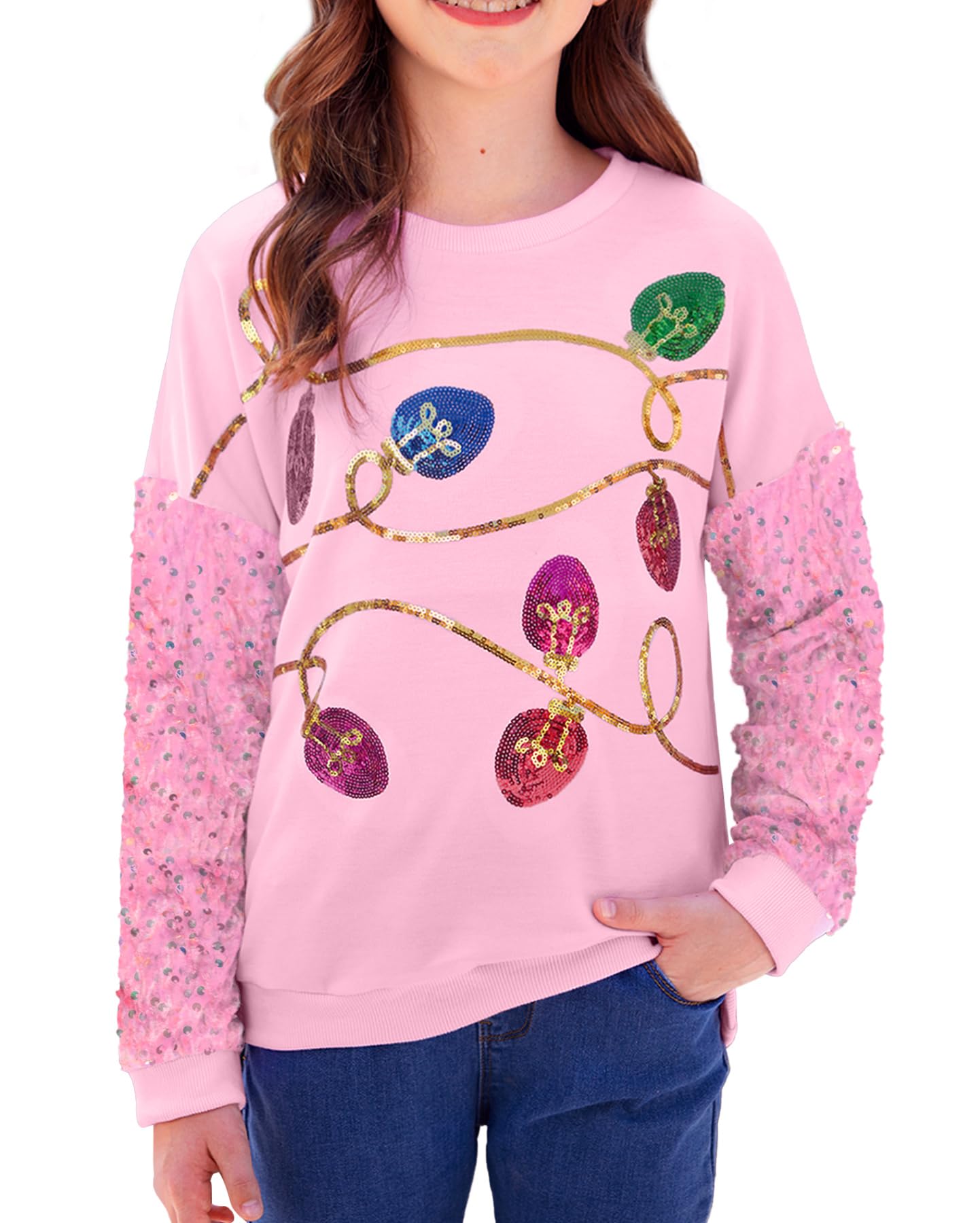 Girls Christmas Sequin Patchwork Sweatshirt Holiday Funny Shirt 6-14 Years