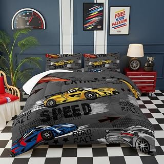 Race Car Queen Comforter Set for Boys,Race Car Queen Bedding Sets for Boys,Hot Wheels Cars Queen Bedding Set,Race Car Theme Room Decor