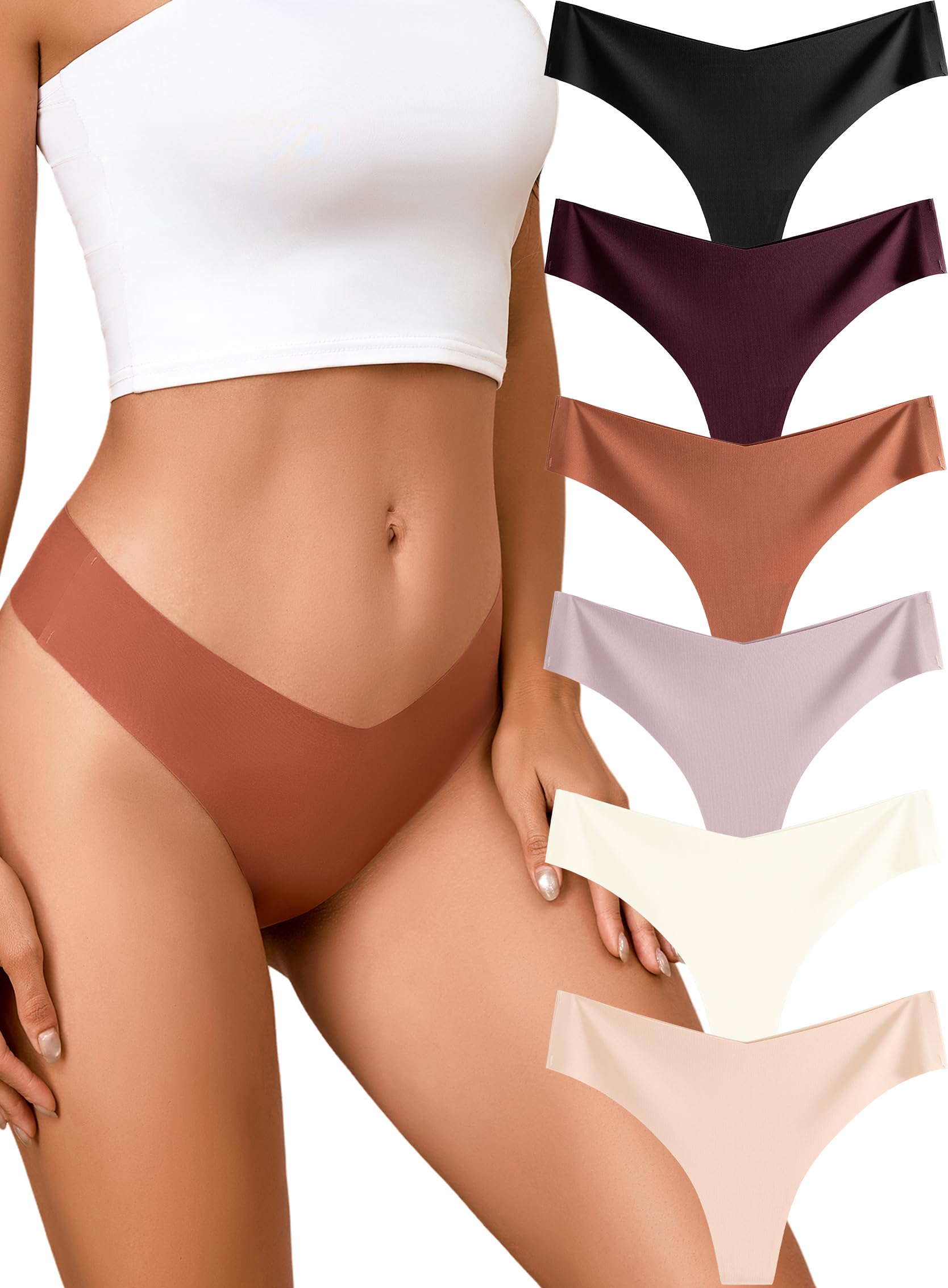 READY TO LOVE Underwear Womens Seamless Thongs Sexy Lingerie No Show Panties V-Waisted Ladies Tangas for Yoga Leggings 6 Pack