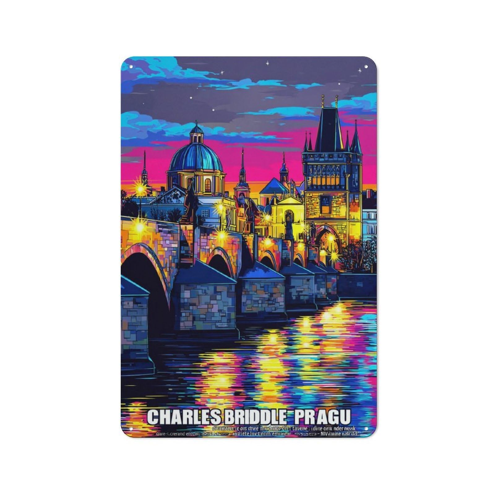 Junmoney Prague's Vibrant Night Charles Bridge Illumi Simple Retro Nated Metal Wall Plaque 30X20cm, Creative Space Decor For Office, Study, Studio Or Hallway