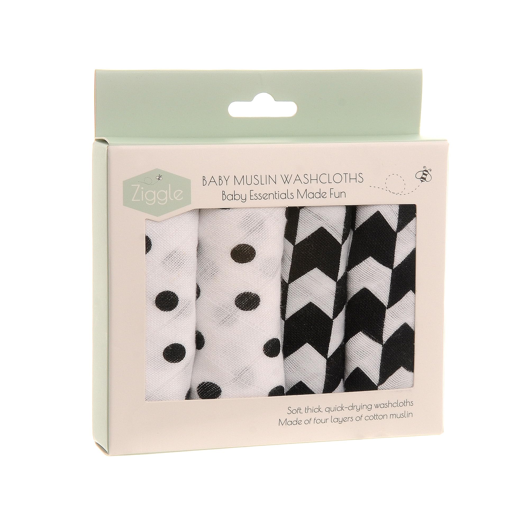 Ziggle Baby Wash Cloths 25x25 cm, 4 Muslin Cotton Reusable Face & Body Towels, Black and White, 25 x 25 Cm