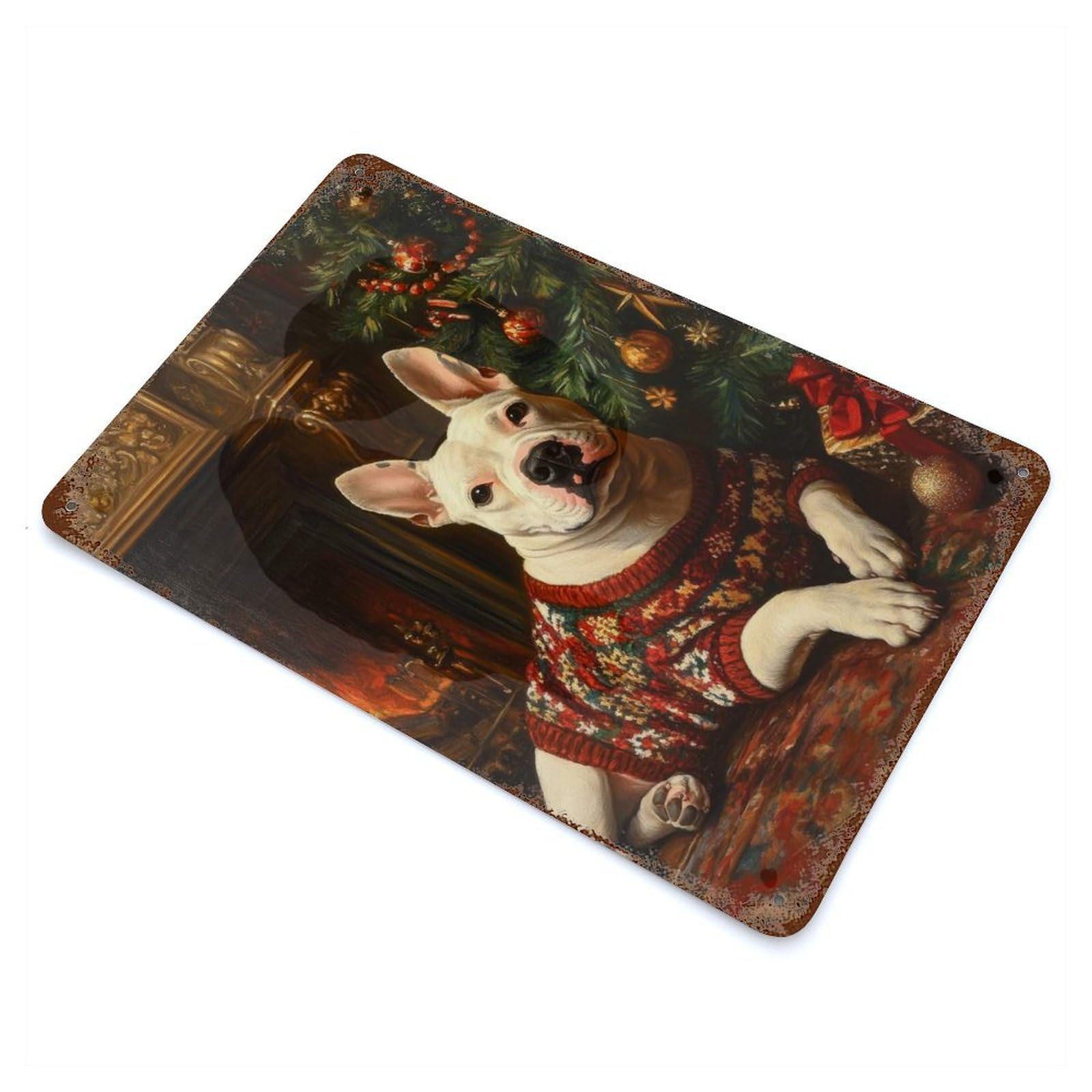 Weathered Tin Sign with Bull Terrier in Sweater Dog by Fireplace Design 11.8"x7.9", for Garage, Bar And Workshop Decor, Decorative Metal Wall Art