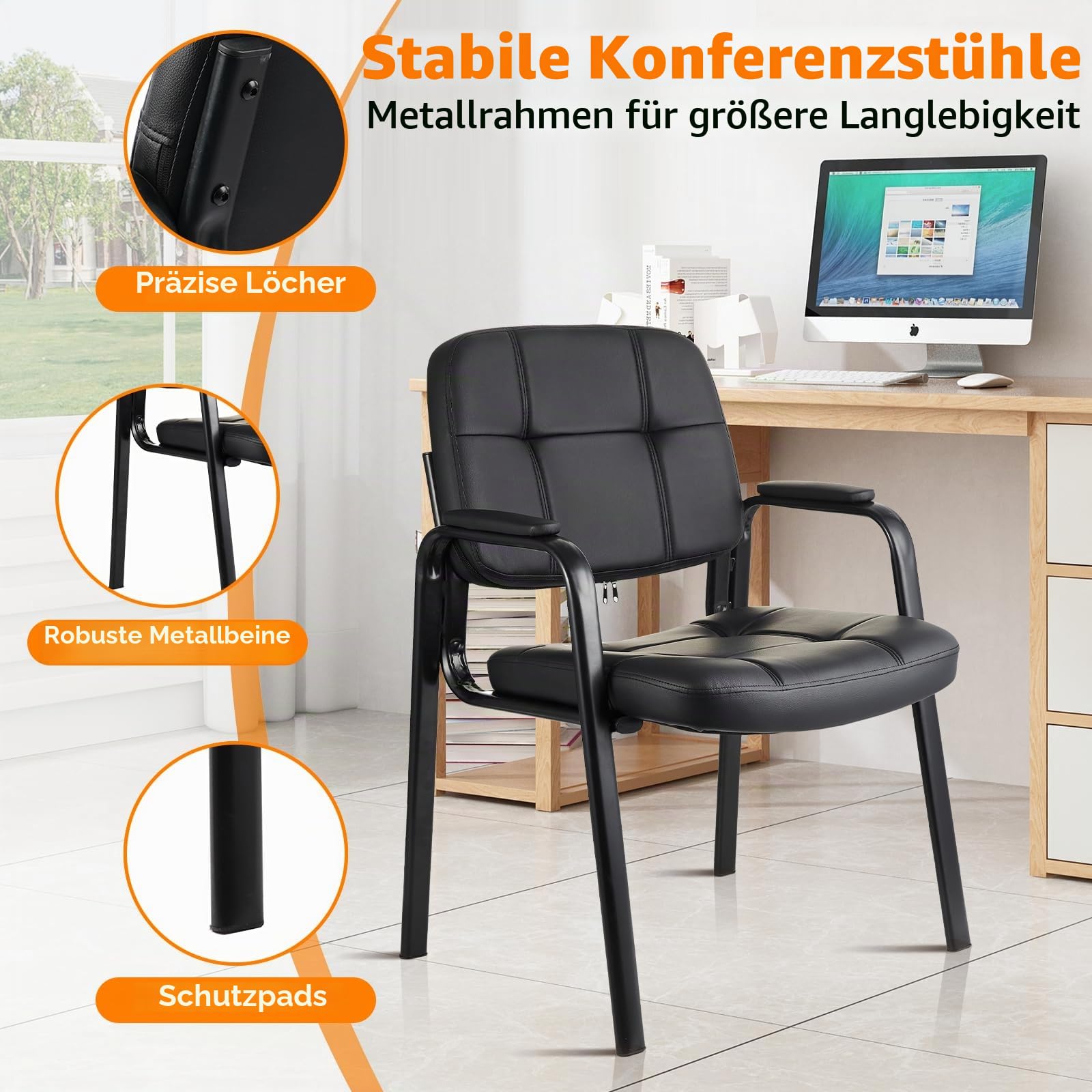 CLATINA Besucherstühle Wartezimmerstühle Gästestühle mit Leder dickes Kissen und gepolsterte Armlehne Stationäre Schreibtischstühle für Büro Home Konferenz Tagungsraum Lobby Halle Seite Pause, Schwarz