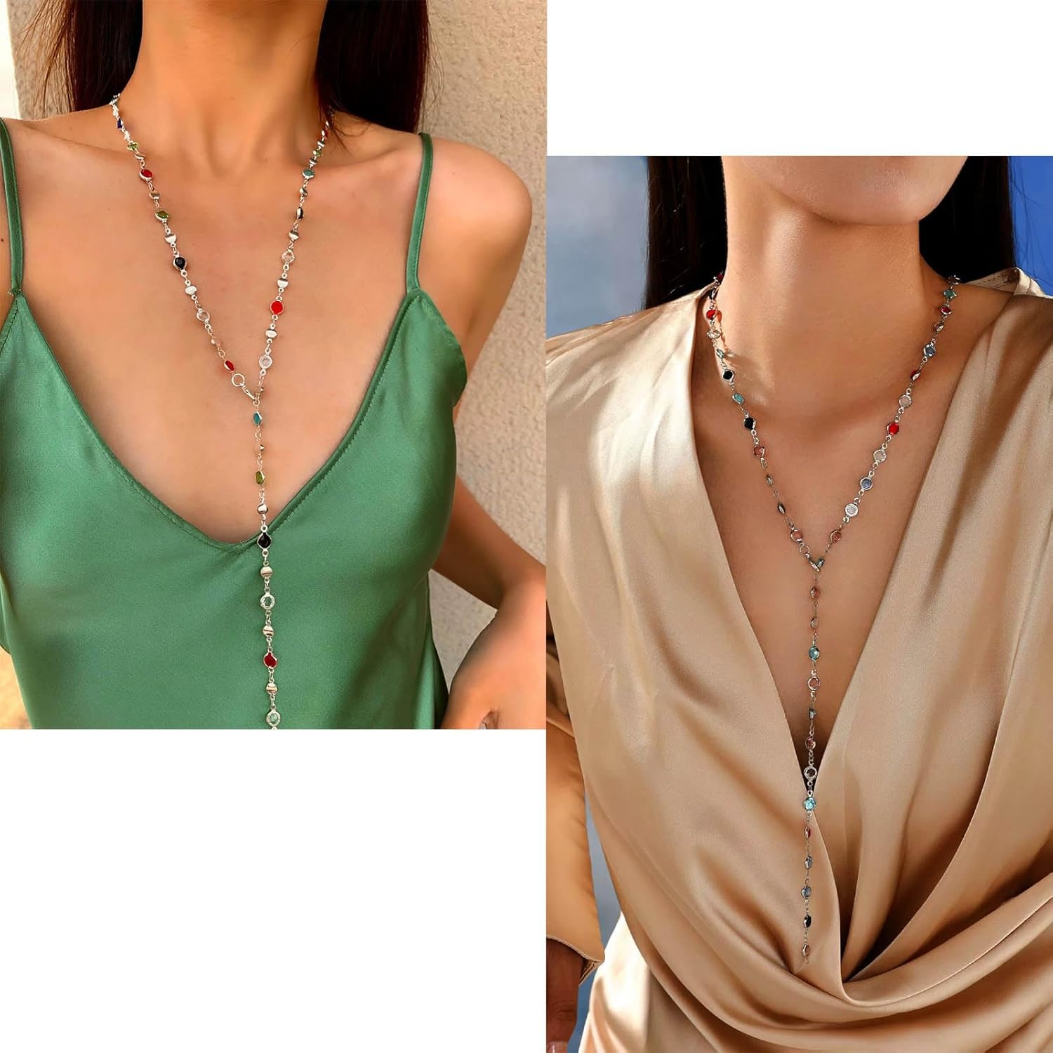 Corolful Rhinestone Y Lariat Necklace Gold Long Crystal Y Shape Necklace Multi-color Rhinestone Choker Necklaces Rainbow Zirconia Cubic Bead Chest Necklaces Sparkly CZ Drop Jewelry - Image 5