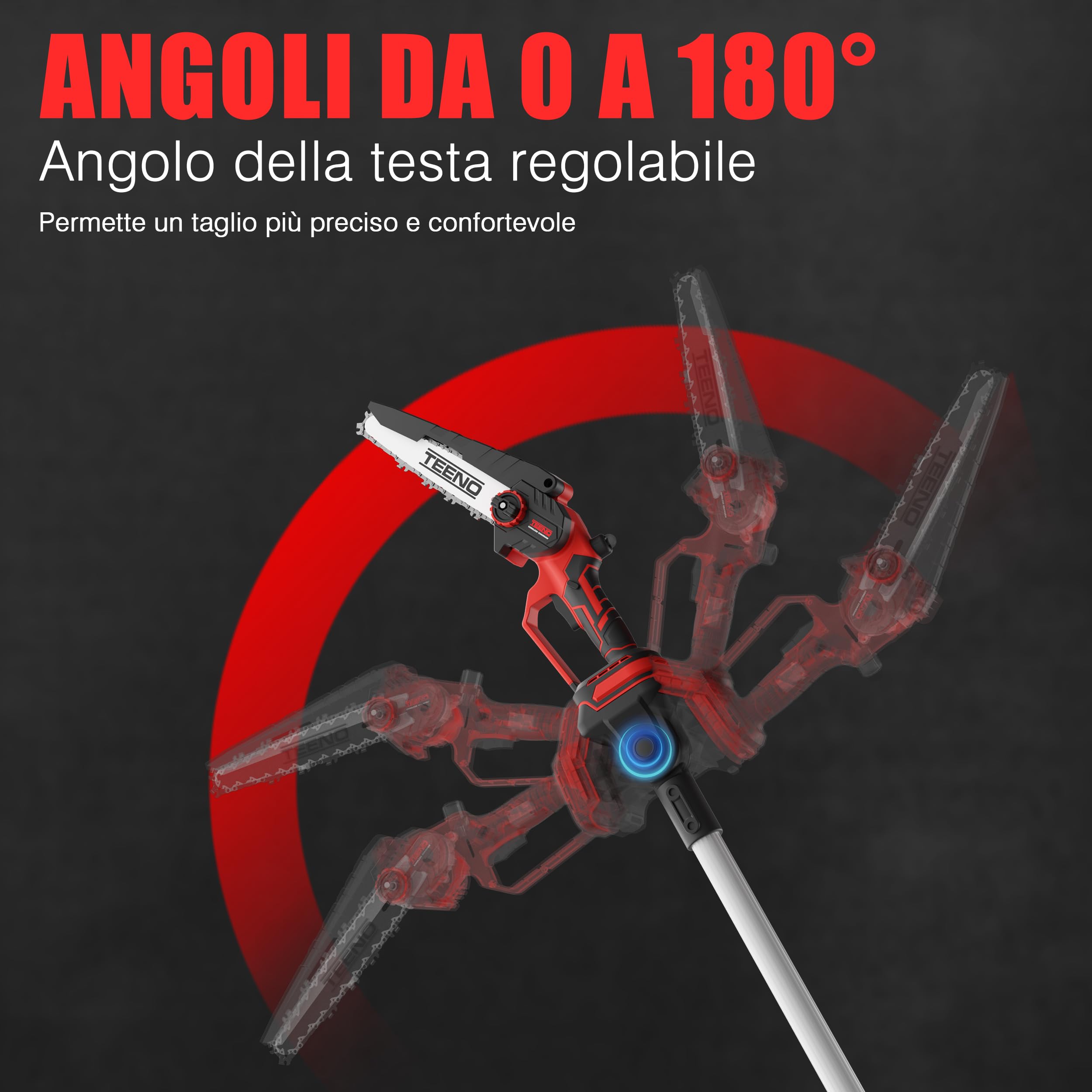 TEENO Segatrice elettrica,segatrice elettrica 2 in 1,asta telescopica | staccabile,regolazione a 180°,6 pollici,2 batterie da 4000 mAh,2 piastre di guida,2 catene