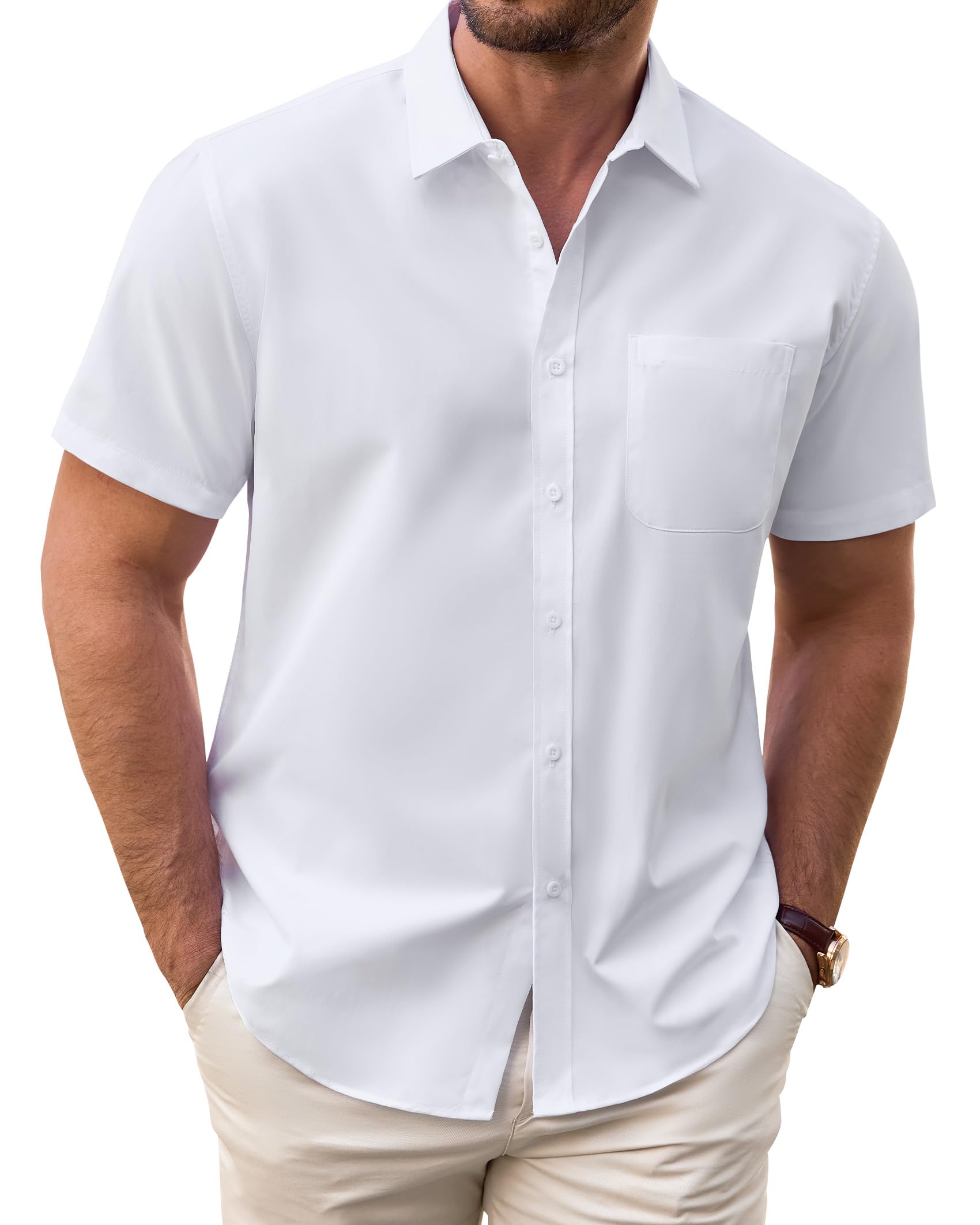 J VER Mens Short Sleeve Dress Shirts Wrinkle Free Casual Button Down Shirt Summer Stretch Formal Shirt with