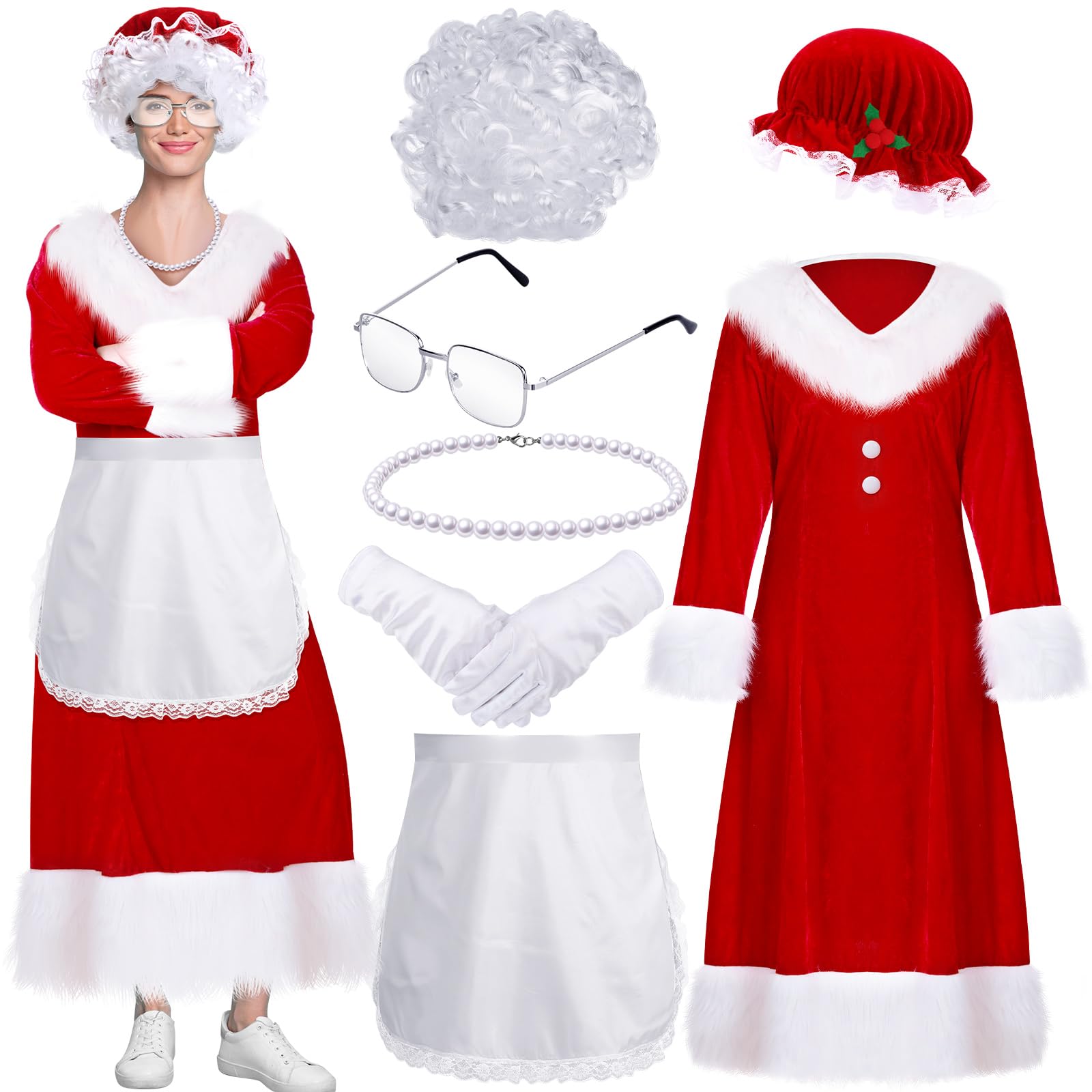 Shinymoon 7 Pcs Mrs. Claus Costume for Women Santa Claus Costume Thick Velvet Santa Dress Outfit for Christmas Party