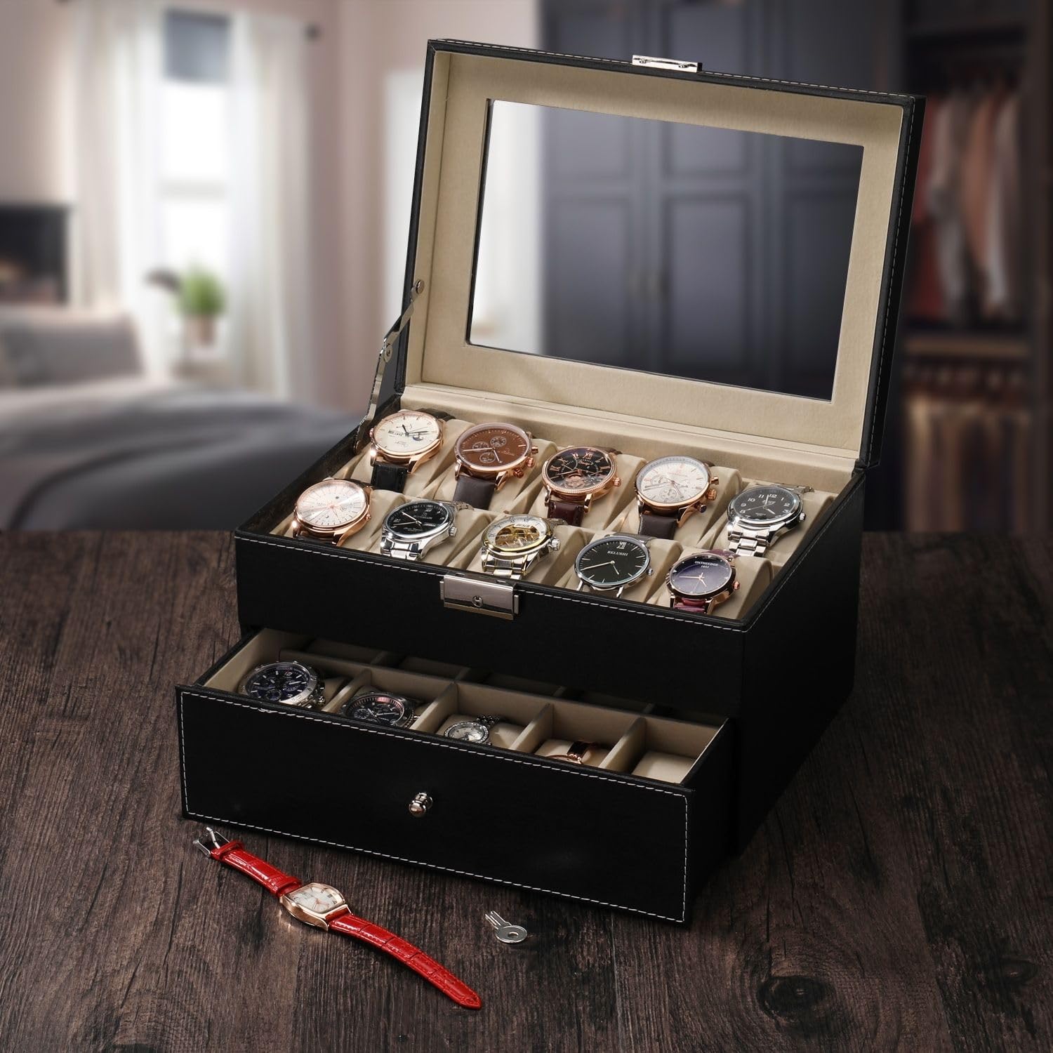 Flexzion Caja organizadora de relojes para hombres y mujeres, caja de almacenamiento de relojes con 20 ranuras con pantalla de cristal superior y almohadas extraíbles en cada ranura, fundas de reloj