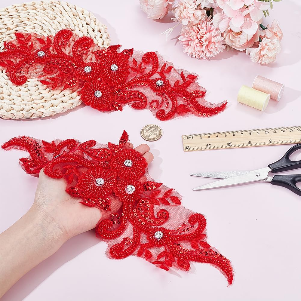 2Pcs Red Flower Lace Patches 14.17x4.72'' 3D Beaded Sequin Appliques Sew on Embroidery Flower Patches Rhinestone Beaded Floral Appliques Patch Accessories for DIY Cloth Dress Craft