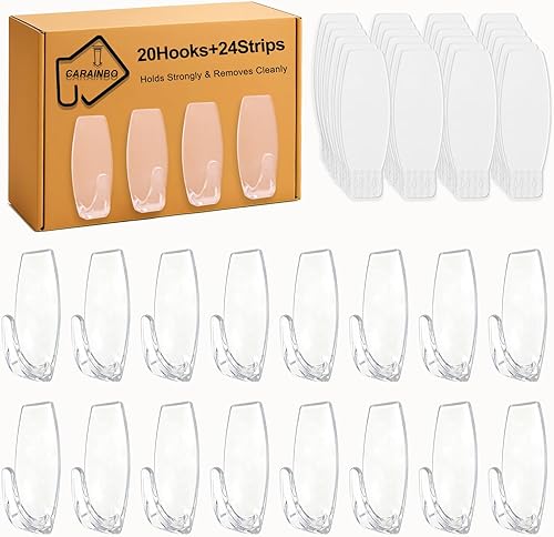 Ganchos grandes de utilidad, 20 ganchos, 24 tiras, gancho de pared transparente con tiras extraíbles, organizador sin daños, se quita limpiamente,