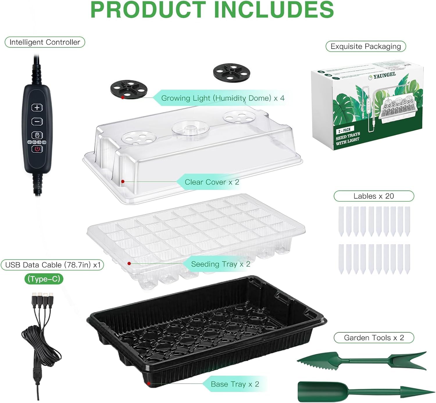 YAUNGEL Vassoio Germinazione con Luce di Coltivazione, 2 Pezzi 80 Celle Semenzaio Germinazione, Mini Serra Propagatore con Luminosità Regolabile e Regolatore di Temporizzazione, Nero