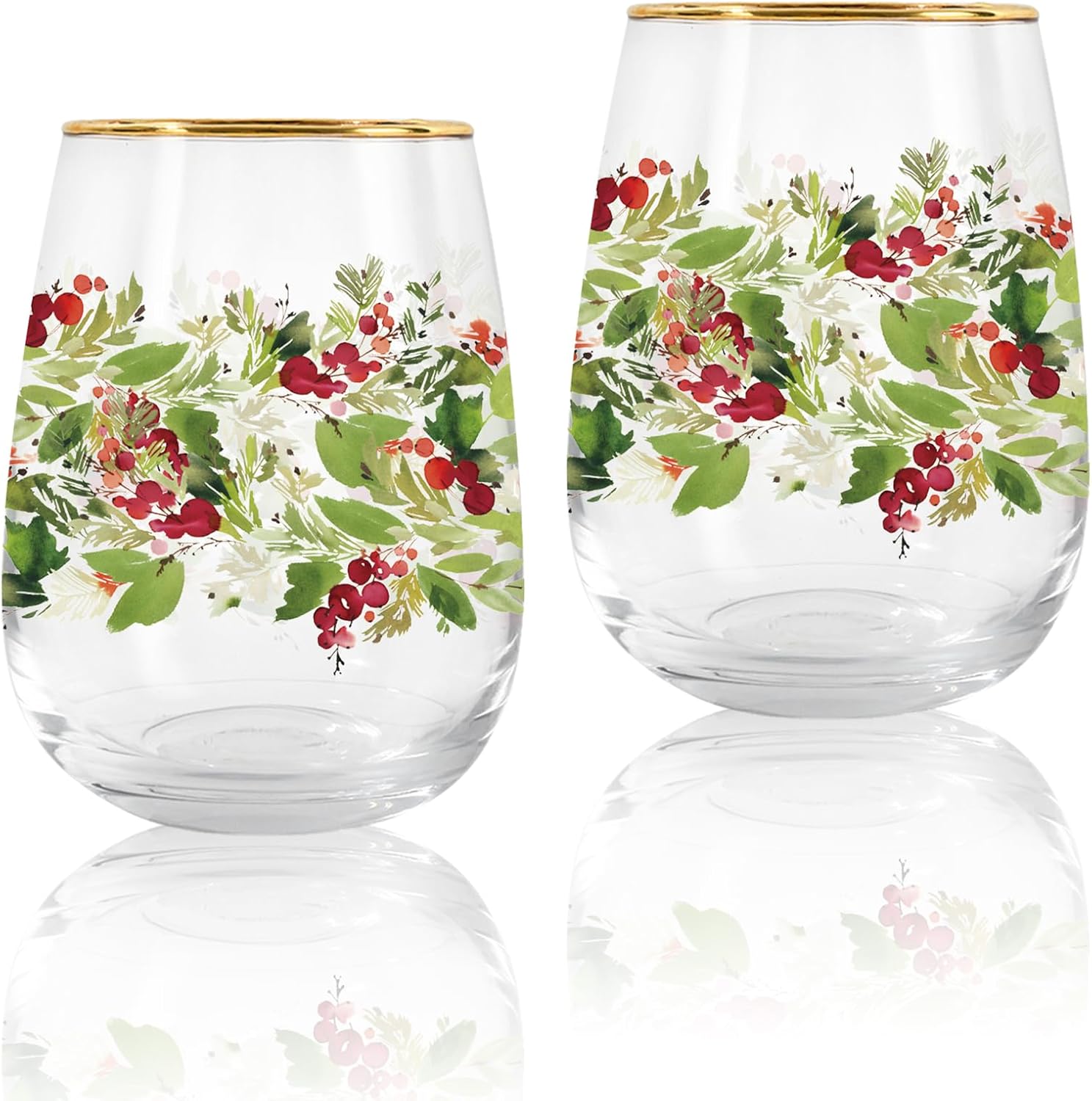Whaline 2Pcs Christmas Stemless Wine Glasses 17oz Holly Berries Drinking Glasses Clear Green Red Watercolor Tumbler Cups with Gold Rim for Xmas Winter Party Supplies