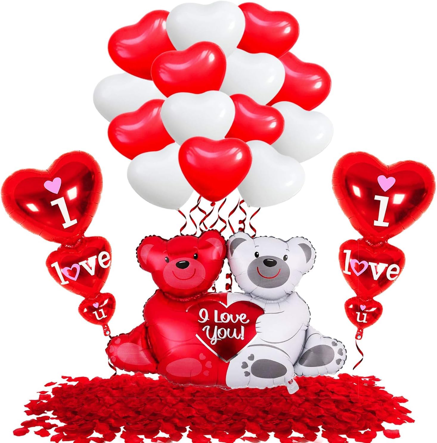 Valentine's Day Decor Set - Red Heart Balloons with Teddy Bear Balloons, 1000 Pieces Red Rose Petals - Romantic Decorations for Special Night - I Love You Balloons, Perfect for Valentine's Day Party