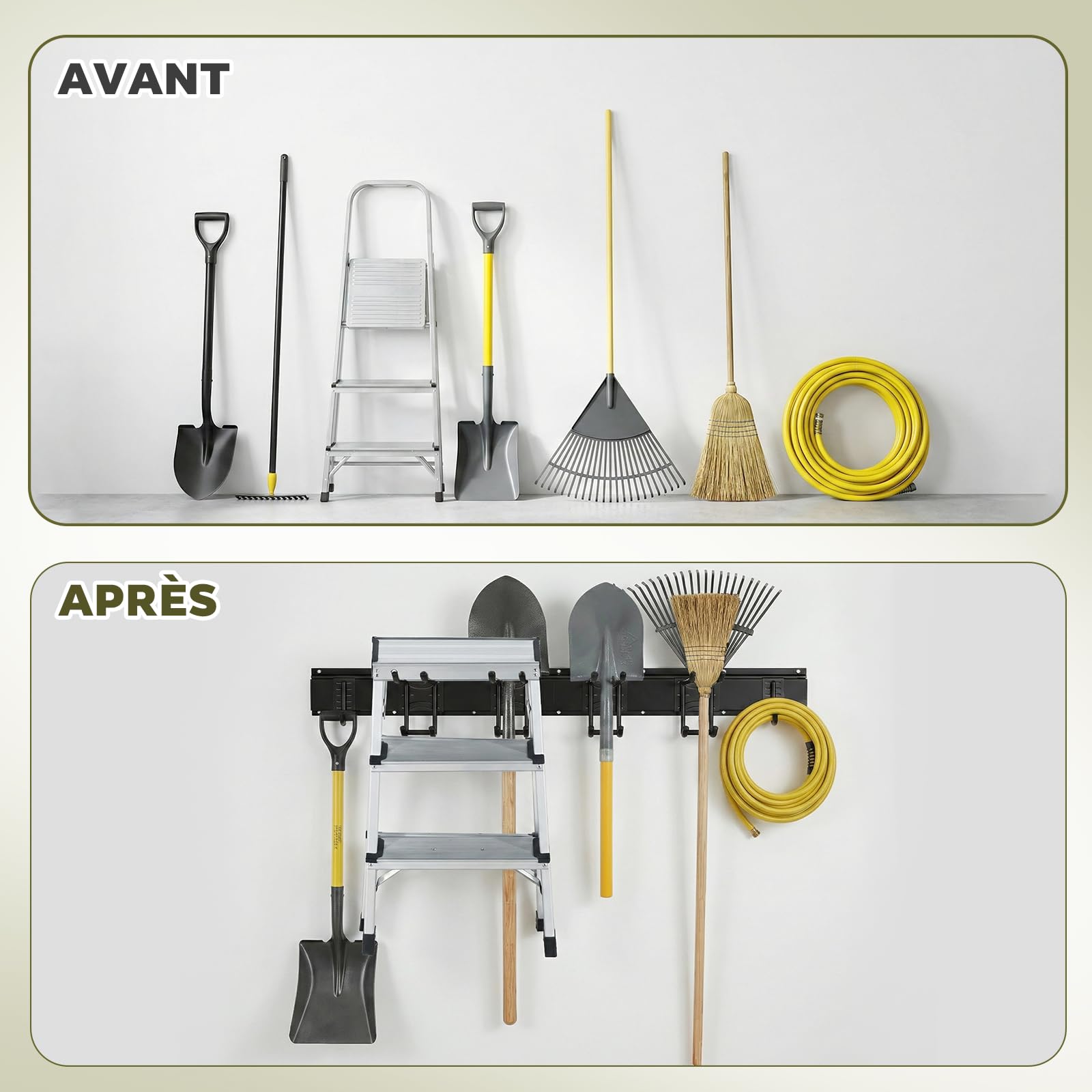 Range-mural pour Outils de Garage – Rail de Rangement 81 cm avec 6 Crochets (2 Types), Crochets Caoutchoutés, Capacité 140 kg, pour Outils de Jardin, Skis, Balais, Pelles – Fixation Murale