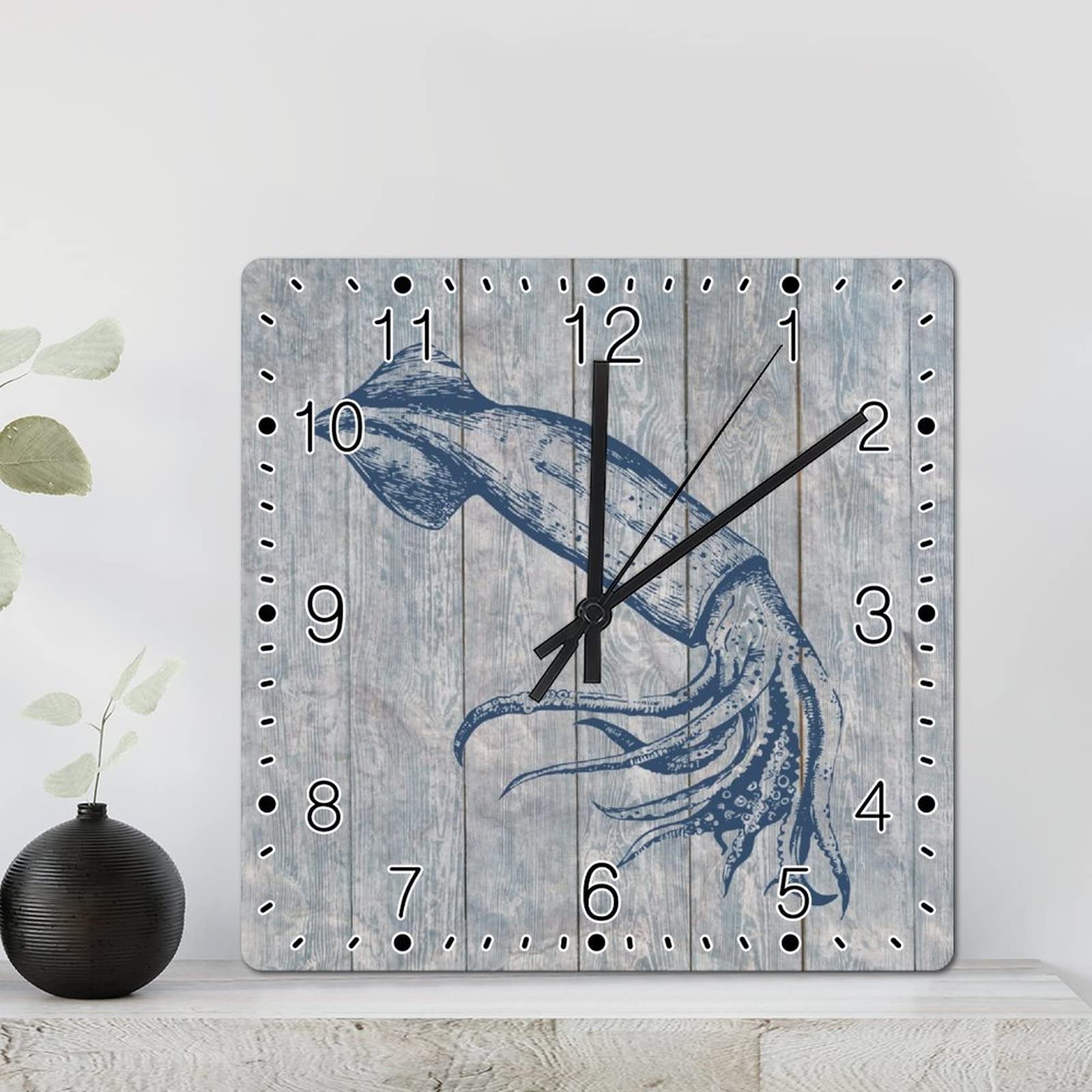 Horloge murale carrée motif pieuvre et coraux aux finitions d'art