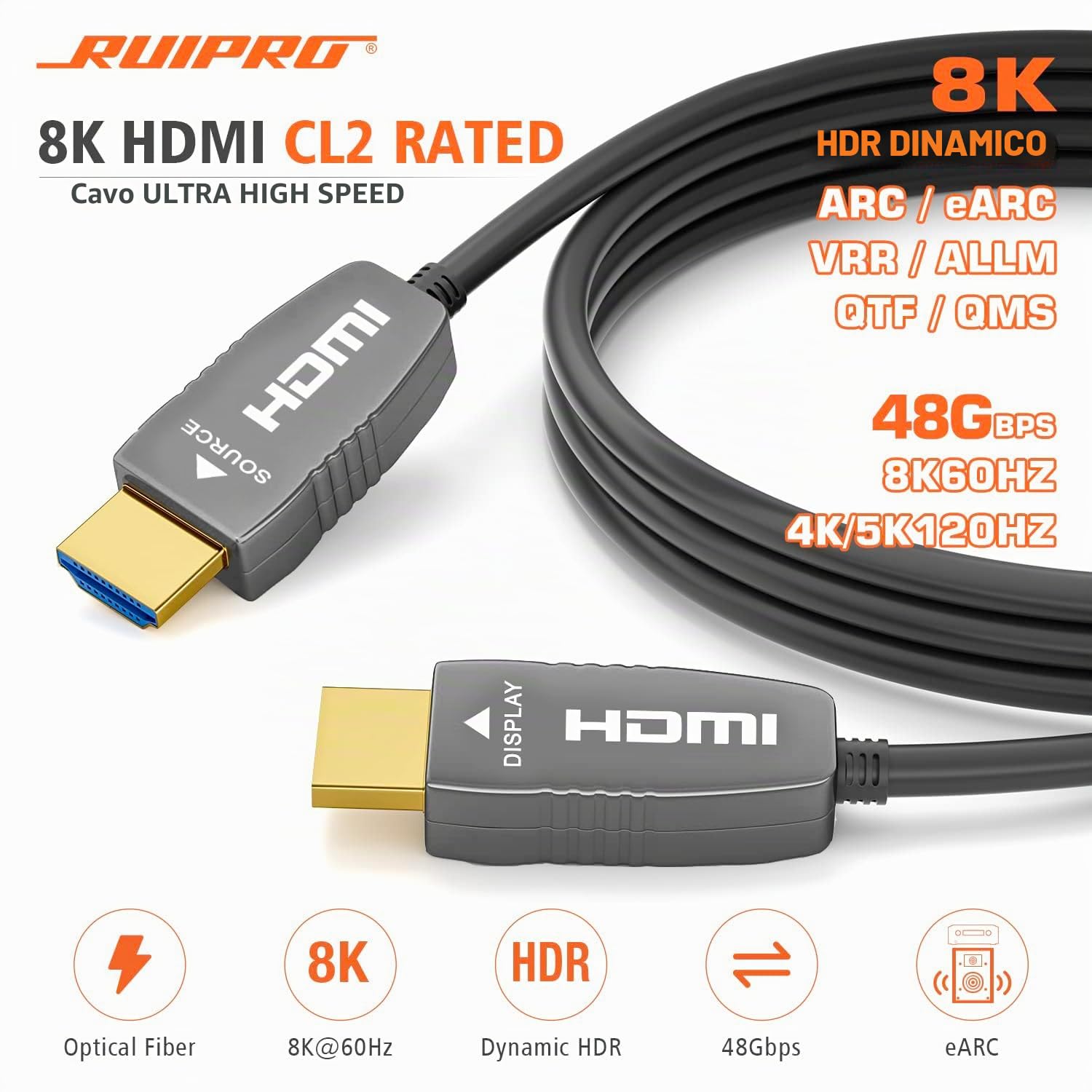 RUIPRO Cavo HDMI 2.1b 8K fibra ottica, classe CL2, Ultra High Speed, 10 m | 4K@120Hz, VRR e ALLM offrono un gaming fluido, mentre eARC supporta audio immersivo su PS5, Xbox e sistemi home cinema