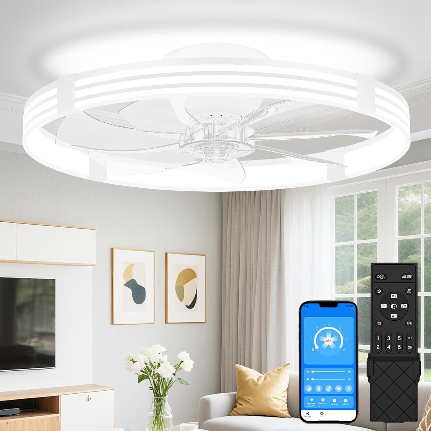 VOLISUN Low Profile Ceiling Fans with Lights and Remote, 24in Flush Mount Ceiling Fan with Light, 3000K-6500K Dimmable Fandelier LED Fan Light, White Bladeless Ceiling Fans with Lights for Bedroom