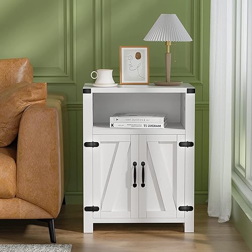 Miniatura 1 de Juego de 2 mesitas de noche blancas para dormitorio juego de 2 mesas auxiliares con estante abierto y puerta de granero mesas auxiliares modernas de