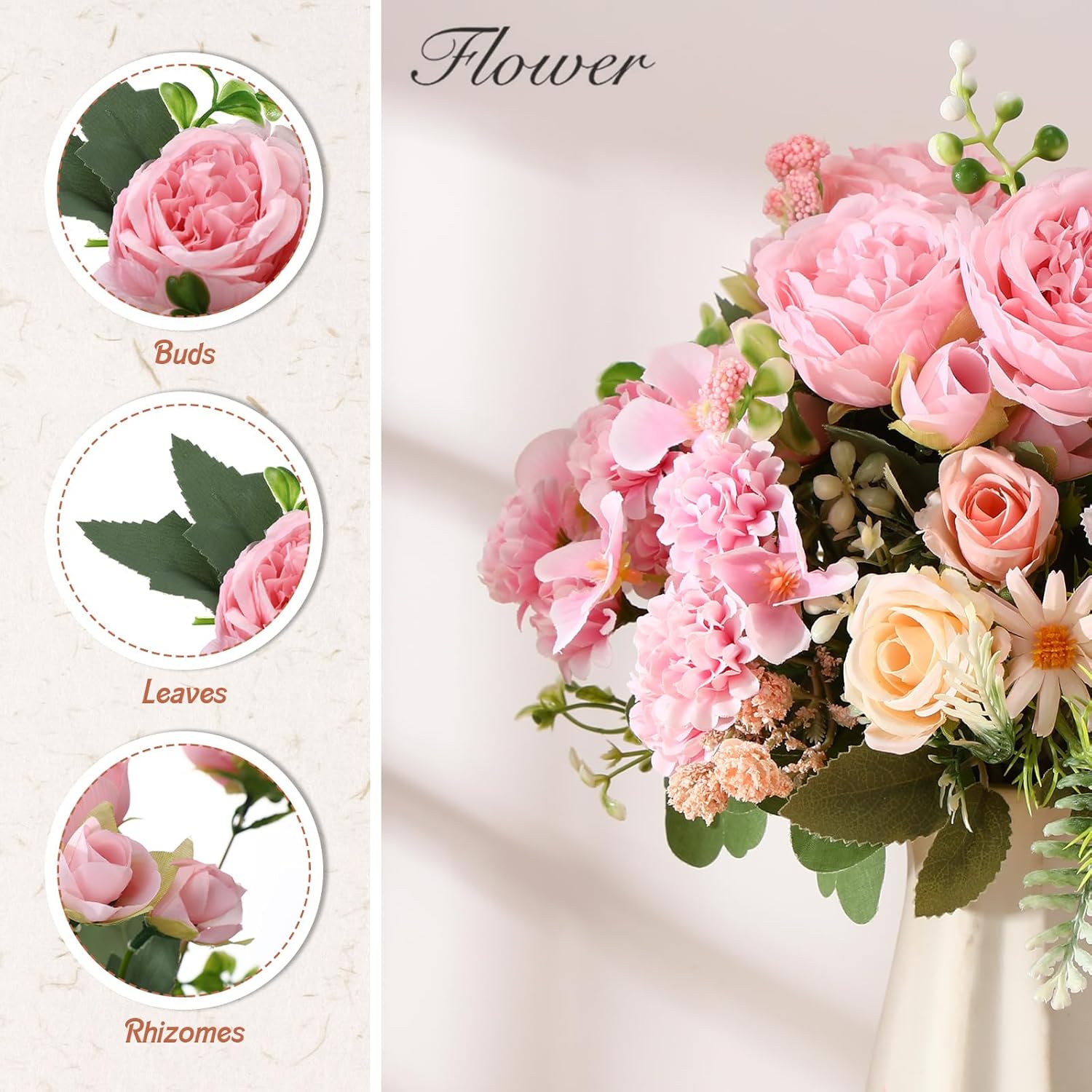 Zeyune 12 Bundles Artificial Flowers Peonies Silk Dahlia Faux Rose Fake Chamomile Hydrangea Bouquet Floral Arrangements Bulk for Home Vase Wedding Party Table Centerpiece Decoration(Pink) - Image 3