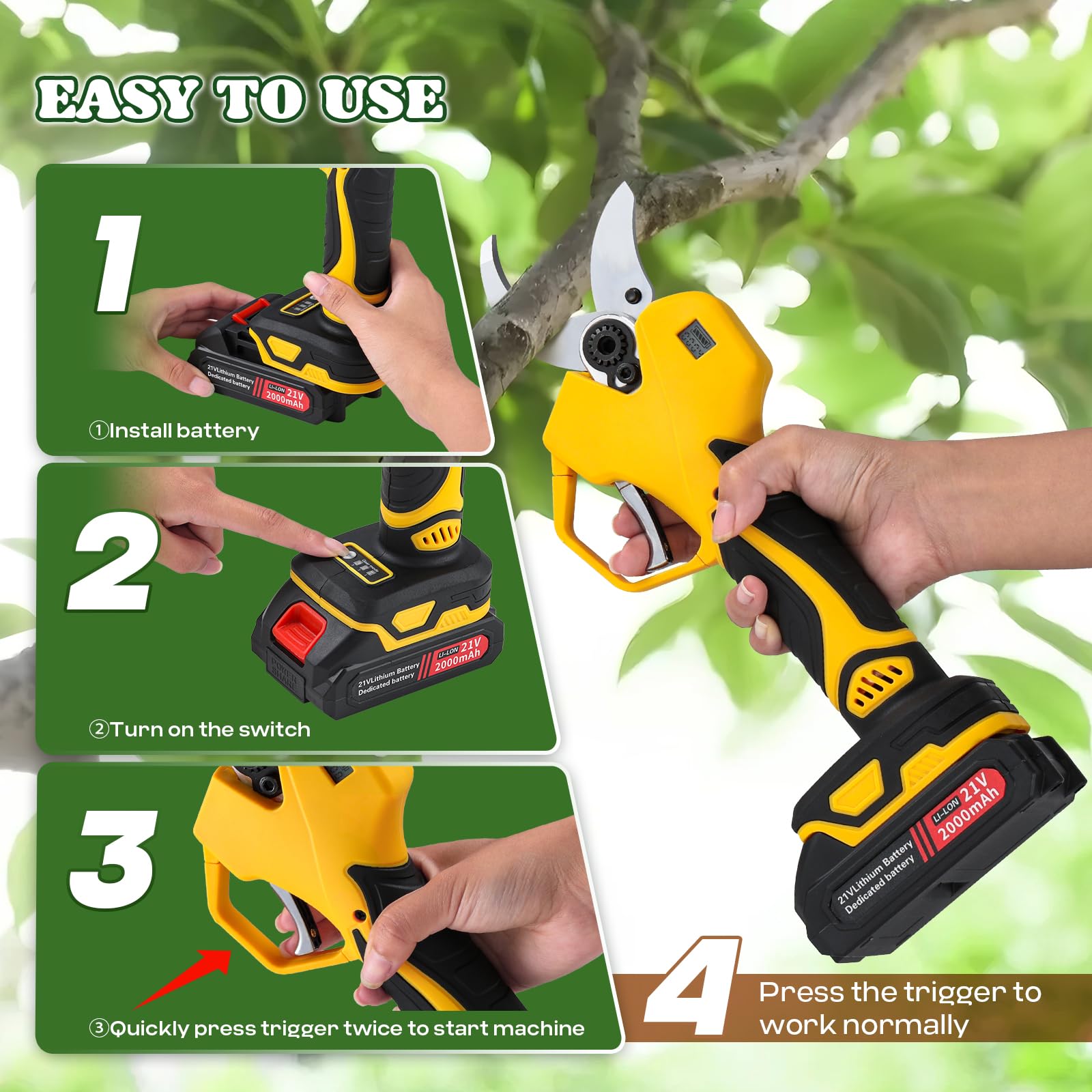 Moongiantgo 3-en-1 Tijeras de Podar Telescópicas y Motosierra Telescópica Electrica, Tijeras de Poda 6,5cm & Motosierra 15cm con Pértiga Telescópica 2m, 2x2000mAh, Bolsa Almacenamiento