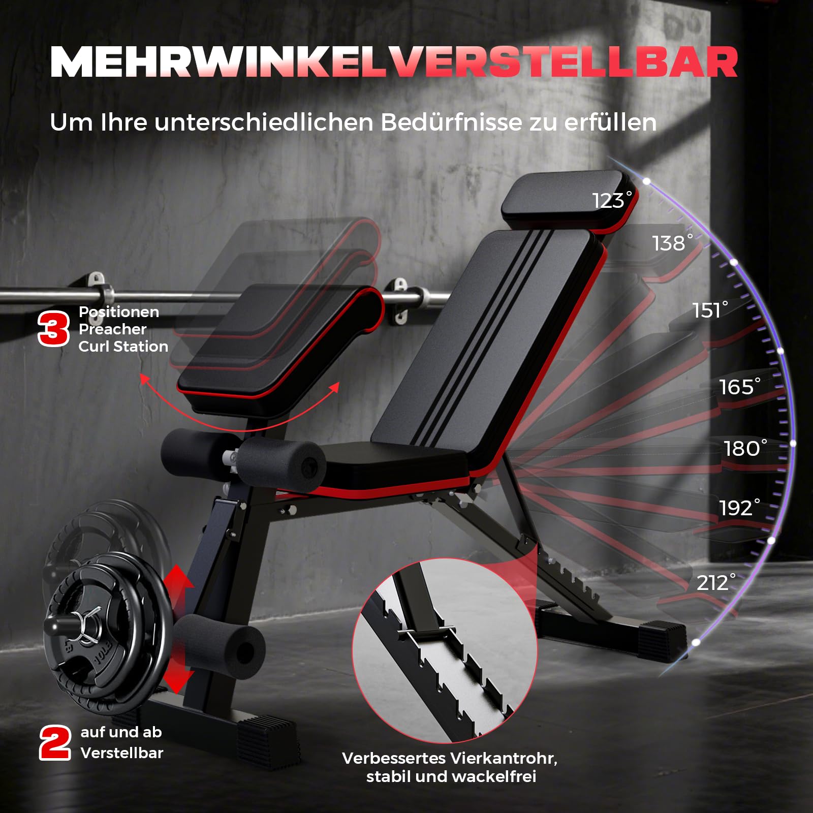 Hantelbank Klappbare Verstellbare 400 kg Kapazität, 12 in 1 Fitnessbank Multifunktionale mit Beinstrecker und Preacher-Curl-Polster, Trainingsbank für das Heim-Fitnessstudio und Ganzkörpertraining