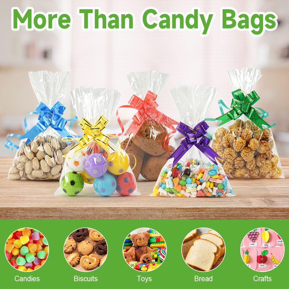 100 Sacchetti in Cellophane Trasparente 14x20 cm, Sacchetti Trasparenti per Alimenti con 100 Fiocchi e Lacci Intrecciati per Caramelle, Biscotti e Altre Confezioni Regalo