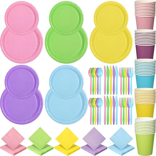 Suclain El juego de vajilla desechable de 350 piezas de arcoíris incluye 100 platos de 7 pulgadas, 9 pulgadas, 50 vasos de papel, 50 tenedores de