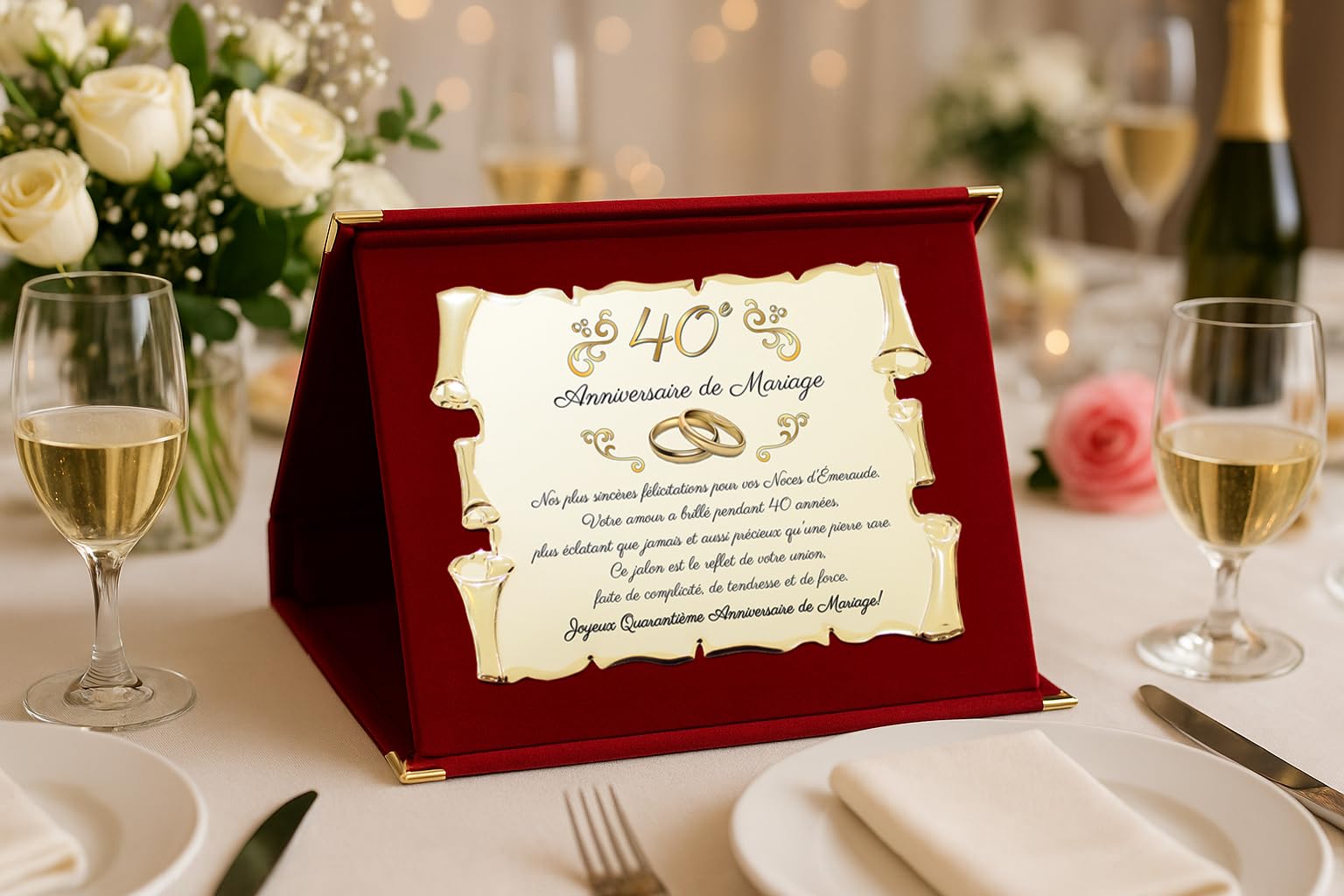 Placa de recuerdo elegante para 40º aniversario de boda | Regalo cuadragésimo | Bodas de Esmeralda | Pergamino de metal dorado decorativo con dedicatorio (rojo, 40 años)