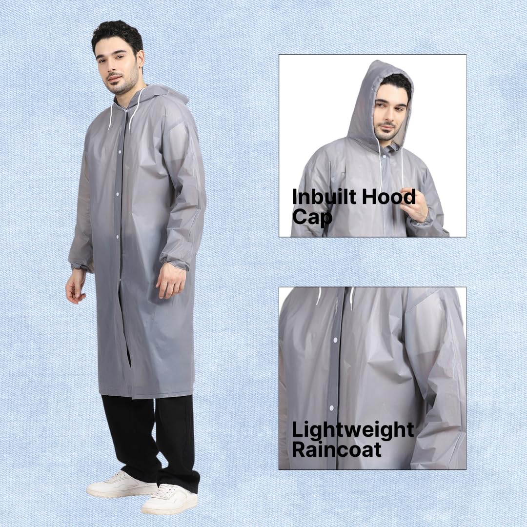 Citizen Eco-Friendly EVA Poncho Raincoat for Men & Women, Lightweight Waterproof Coat with Hood, Adjustable Drawstring, Button Closure & Easy Carry Pouch, Reusable & Durable Outdoor Rainwear-Grey - Image 4 thumbnail