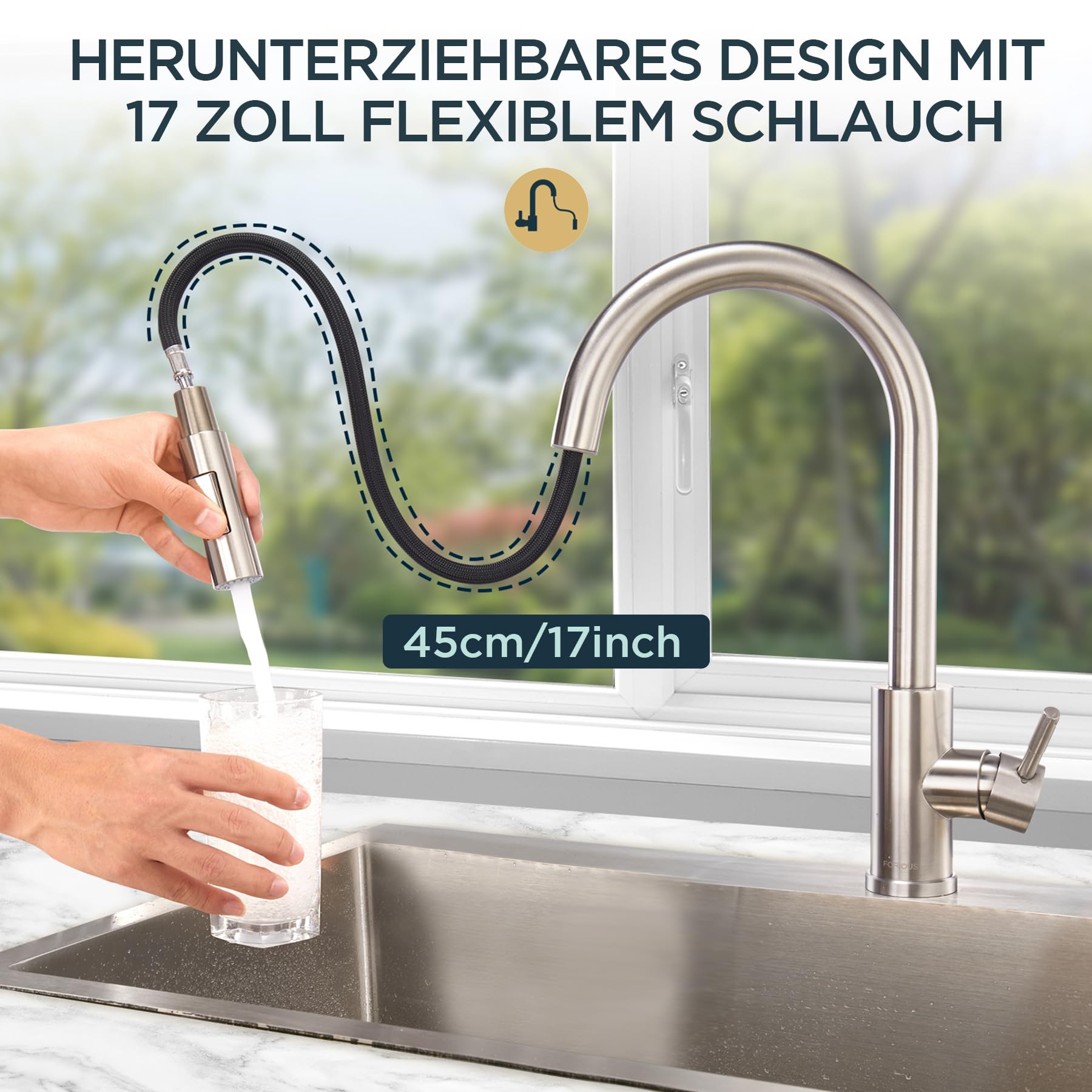 FORIOUS Wasserhahn Küche, Hoher Bogen Küchenarmatur, Edelstahl