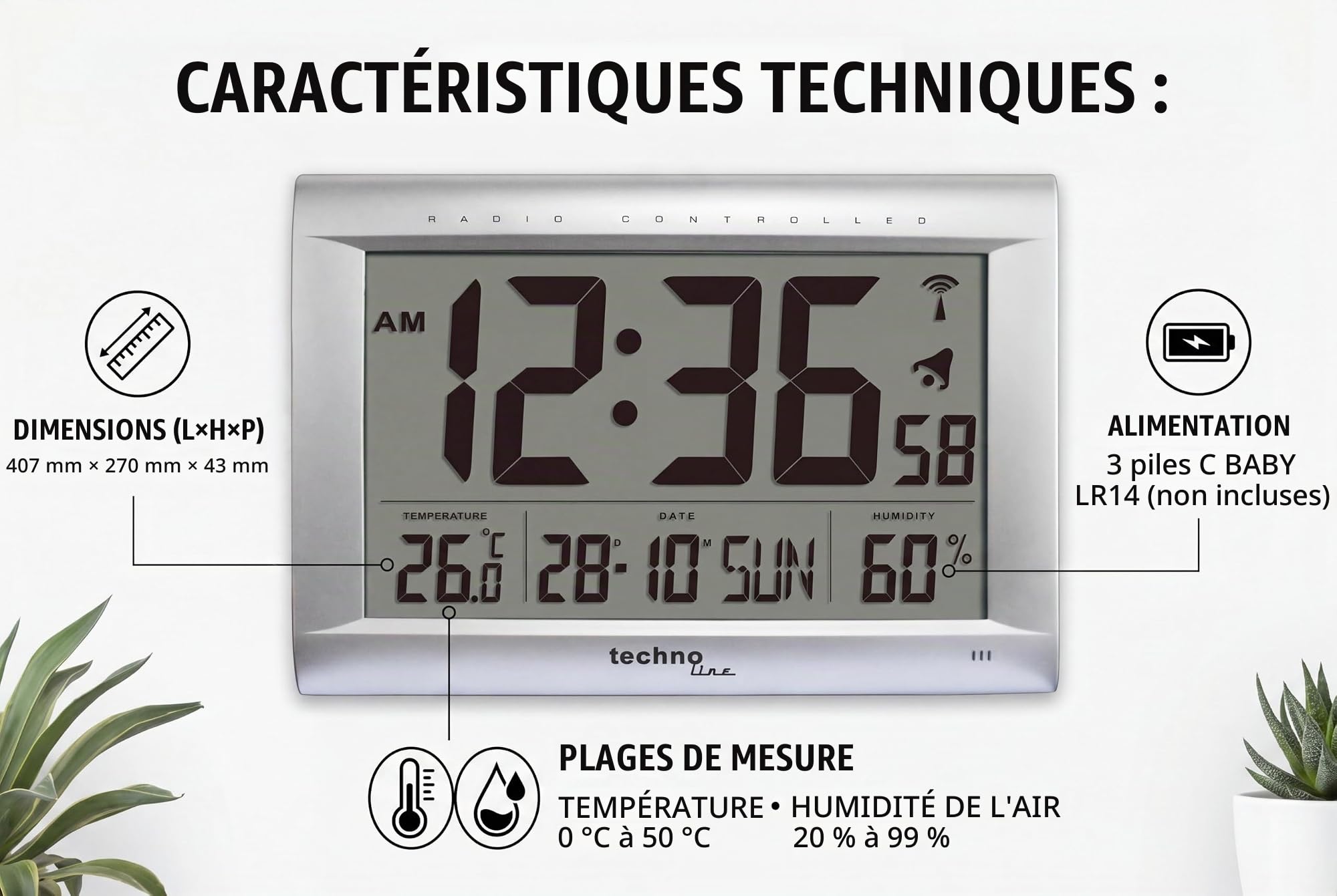techno line WS8009 Horloge Radio- Pilotée Gris