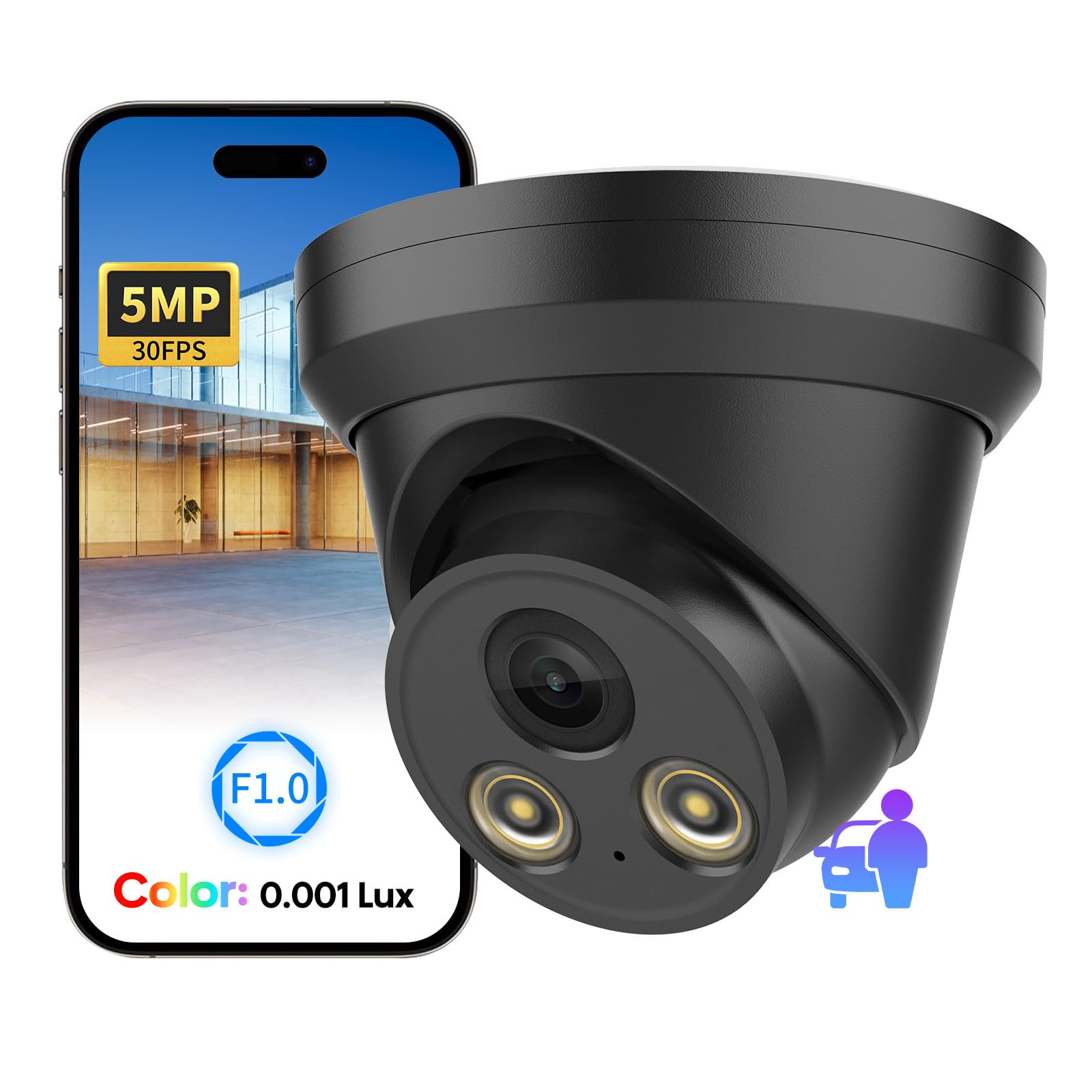 VIKYLIN 5MP Full Color Night Vision POE IP Security Turret Outdoor Camera(Black),F1.0 Super Aperture,AI Human/Vehicle Detection,Built in Mic,2.8mm