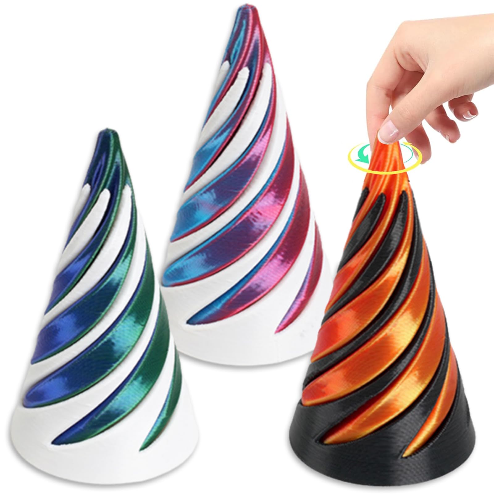 CJQRL Lot De 3 Jouets Fidget Cône Spirale 3D Imprimé - Impossible Cone Anti-Stress, Jouet Rotatif Infini Pour Soulager L'Anxiété, Déco Bureau Enfants Adultes TDAH