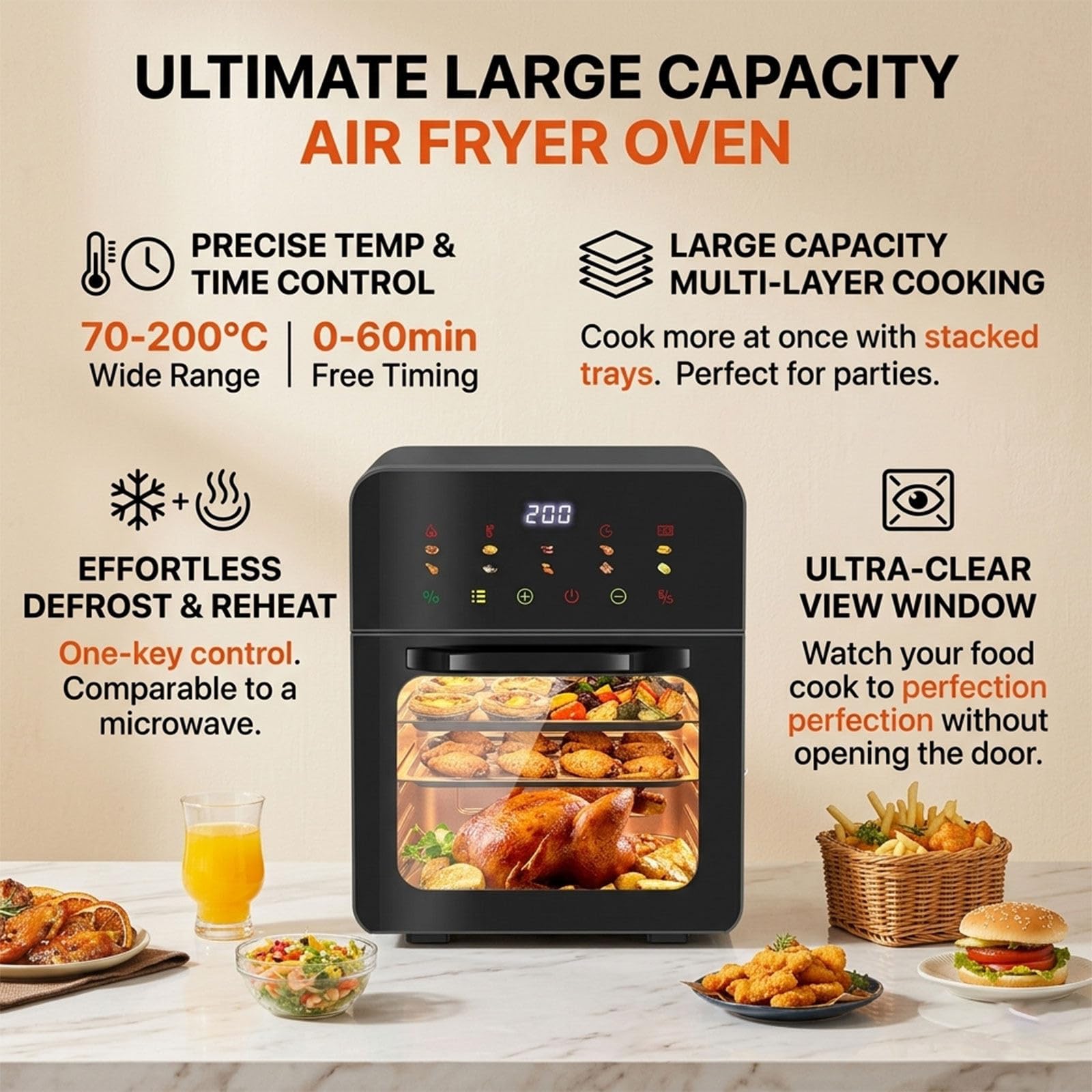 Forno friggitrice Vapore 8 in 1 a convezione, Forno da banco Grande, Controllo Touch Digitale, disidratazione/Cottura/arrostitura/Riscaldamento, Formato Famiglia, 70-200°C