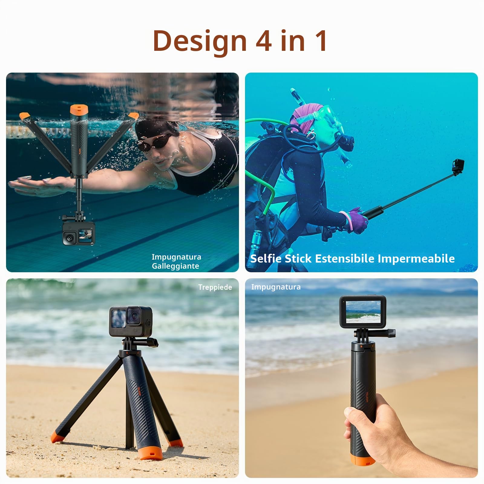 TELESIN 4 in 1 Selfie Stick Grip mano galleggiante Treppiede impermeabile estensibile Selfie Monopiede per GoPro Hero 13,12, 11, 10, 9, 8, 7, 6, 5, 4, DJI Action 5 Pro 4 3 Insta360 X5 X4 AKASO Camera