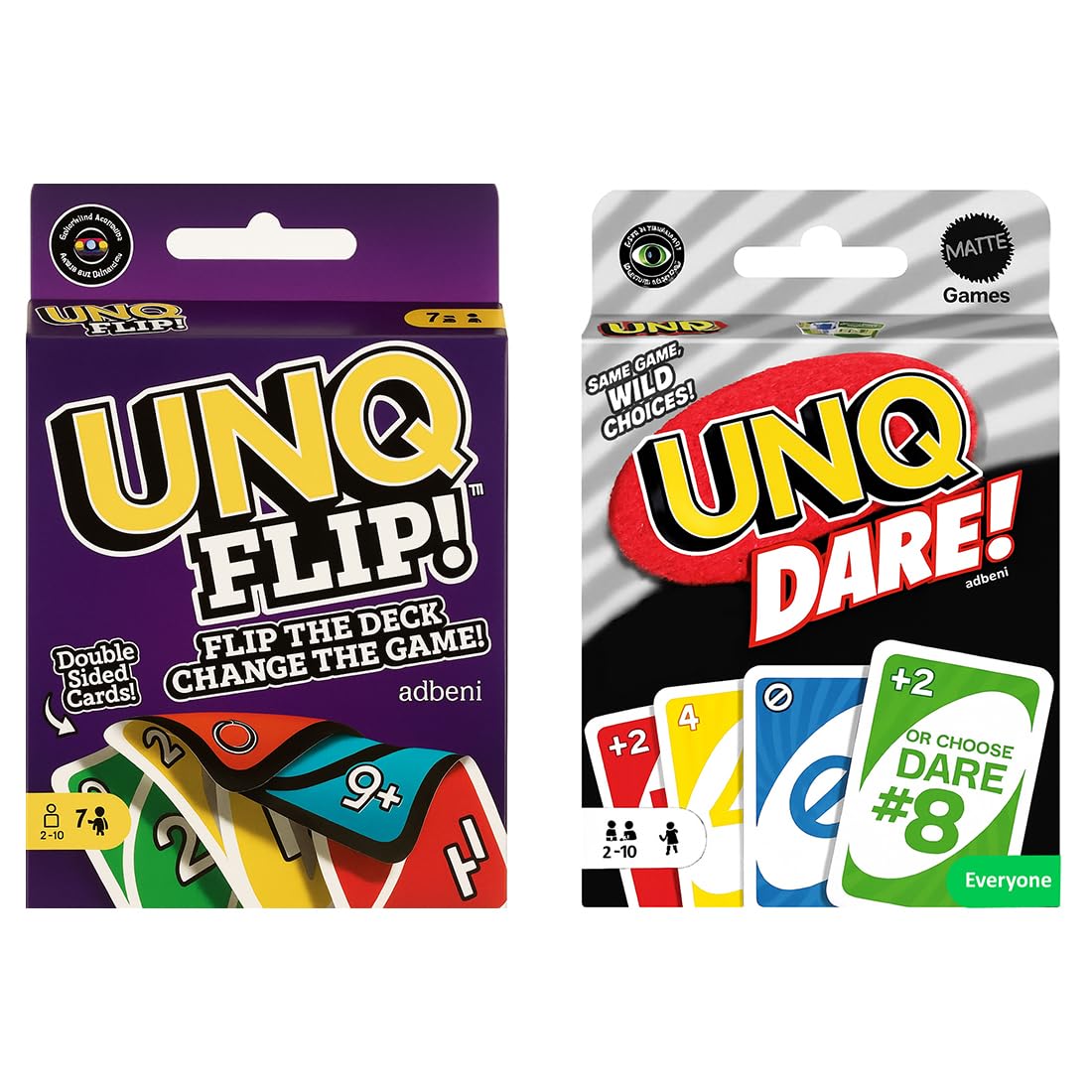 adbeni Matte UNQ FLIP & Dare | Combo Pack of 2 | Family Fun Card Games for Kids, Adults & Teens | Portable Travel Game | Fast-Paced Strategy, Action & Reversible Play | Perfect for Gifting