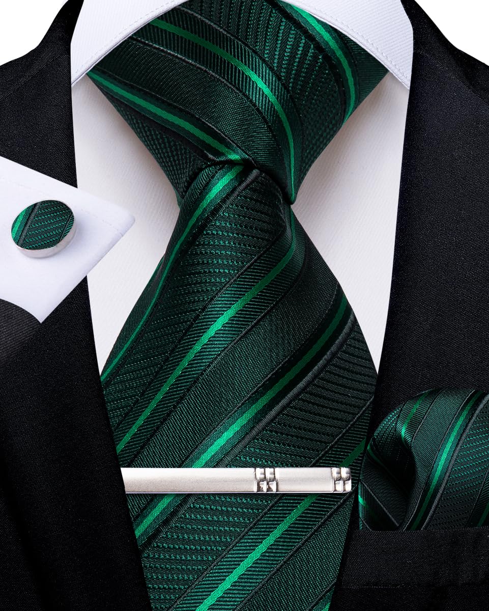 DiBanGu Conjunto de corbata de seda a rayas para hombre, corbata a cuadros con pañuelo de bolsillo, gemelos y clip de corbata para boda formal