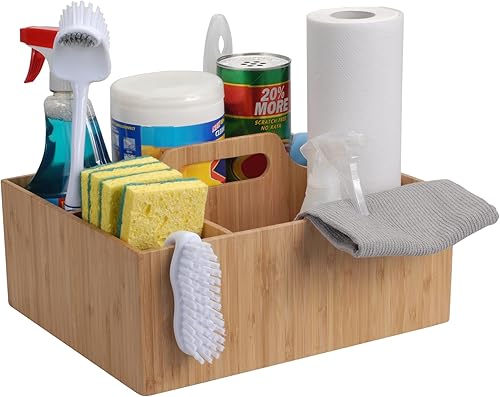Miniatura 2 de MobileVision Organizador multiusos de bambú con asa, 3 secciones, soporte resistente y duradero para suministros de limpieza, botellas de aerosol,