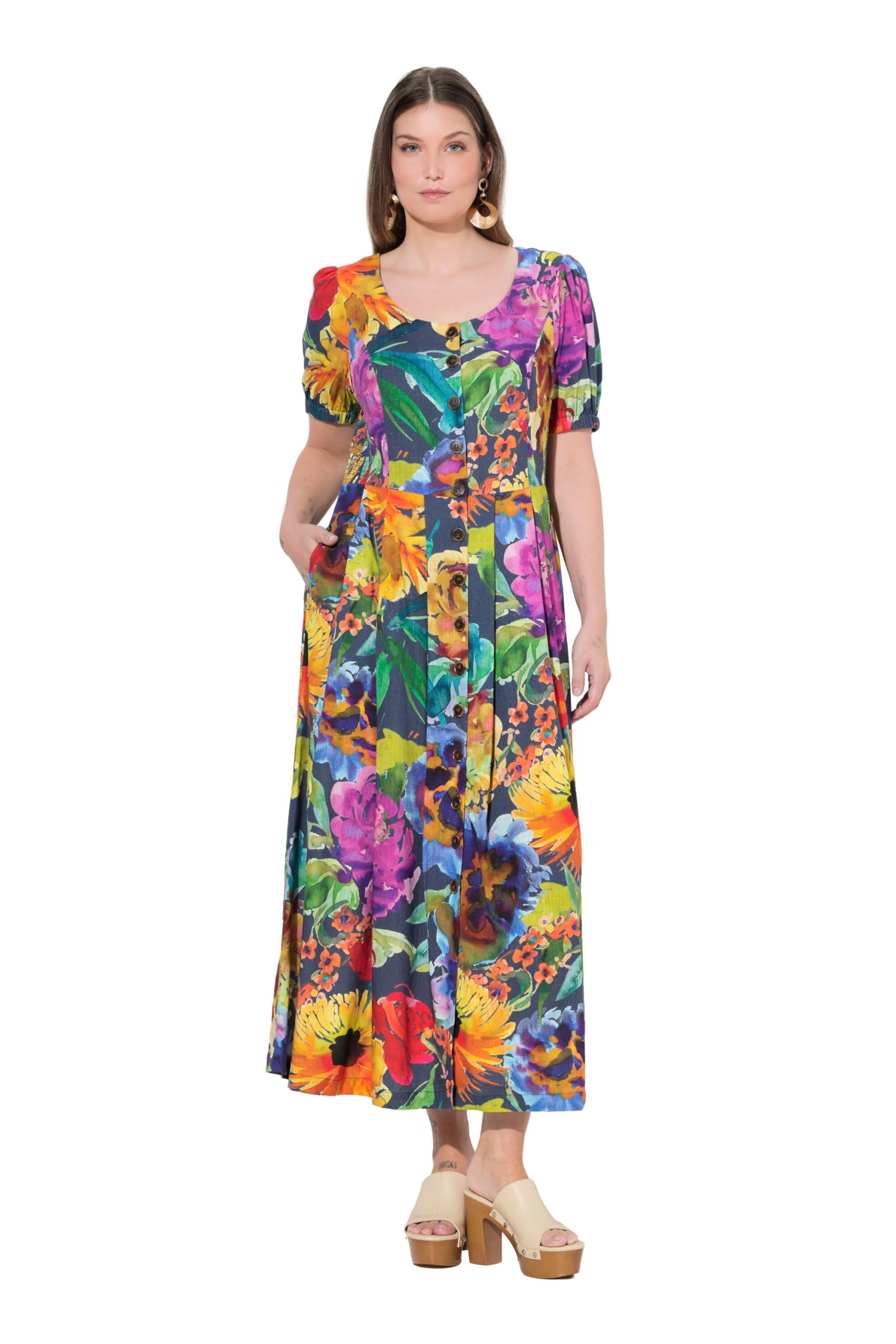 Ulla Popken Damen große Größen Übergrößen Plus Size Maxikleid, Smokeinsätze, Rundhals, Halbarm, Leinenmix 837420