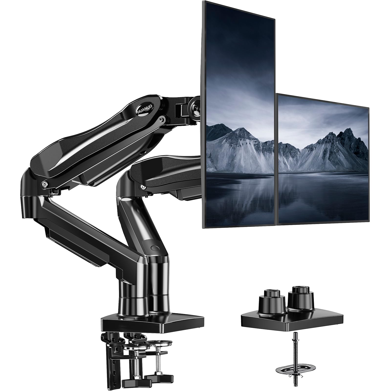Photo 1 of HUANUO Dual Monitor Stand, Fully Adjustable Monitor Desk Mount for 13–32? Computer Screens, Full Motion VESA 75x75/100x100 with C-Clamp & Grommet Base, Each Arm Holds 4.4 to 19.8 lbs -Grey