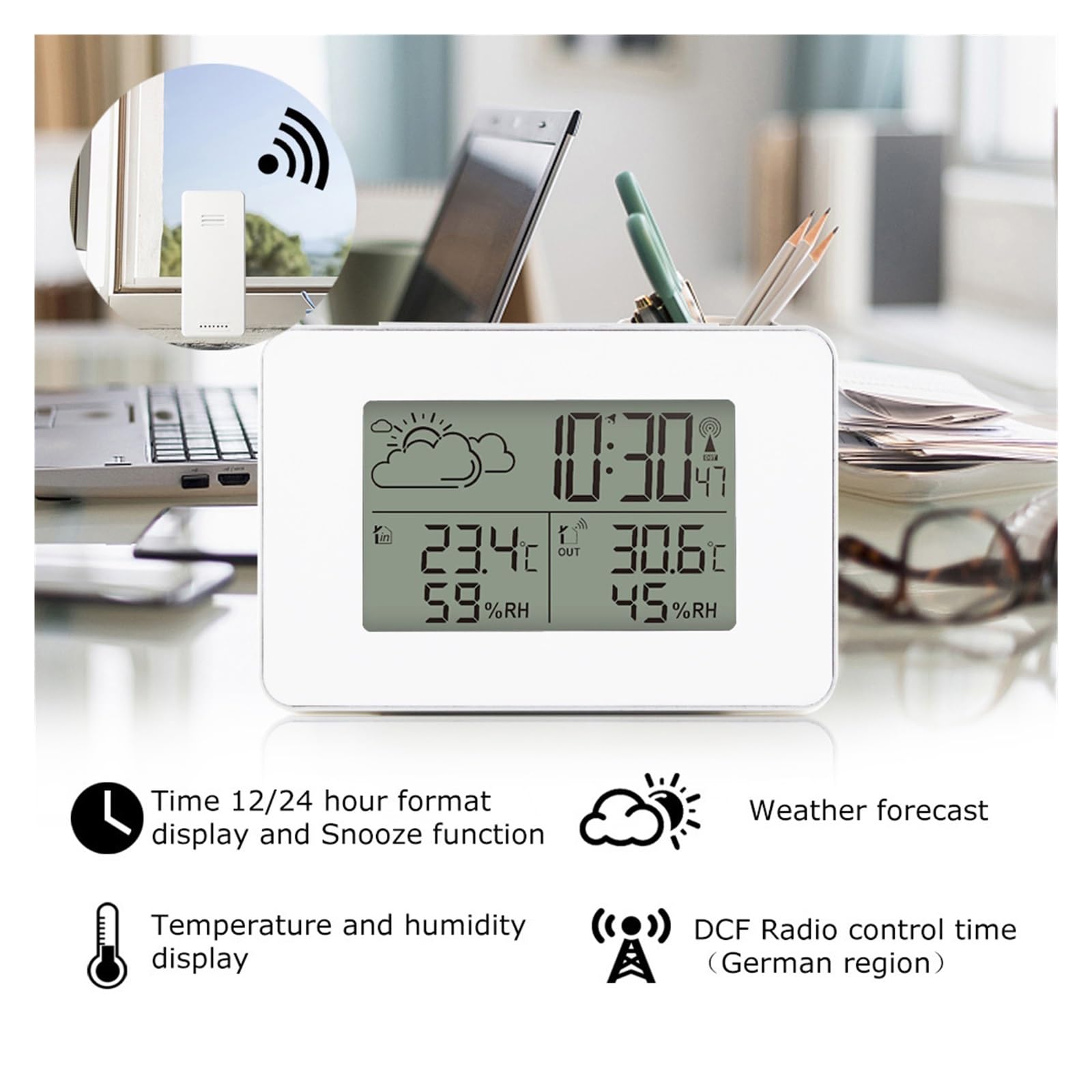 Stacja Pogodowa Budzik Elektroniczny Cyfrowy Czujnik Bezprzewodowy Prognoza Drzemka Zegarek Stołowy DCF Termometr Higrometr Narzędzie Wysoka DokłAdność(White)