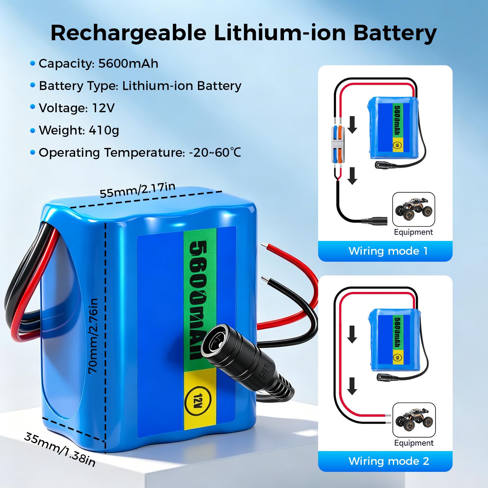 Batterie Lithium-ION 12,6 V 5600 mAh avec Chargeur et 2 Lignes de Connexion pour Panneau Solaire, Radio, appareils Photo, caméscopes, Orgue électronique, Lampe de Lecture DIY, Sonar