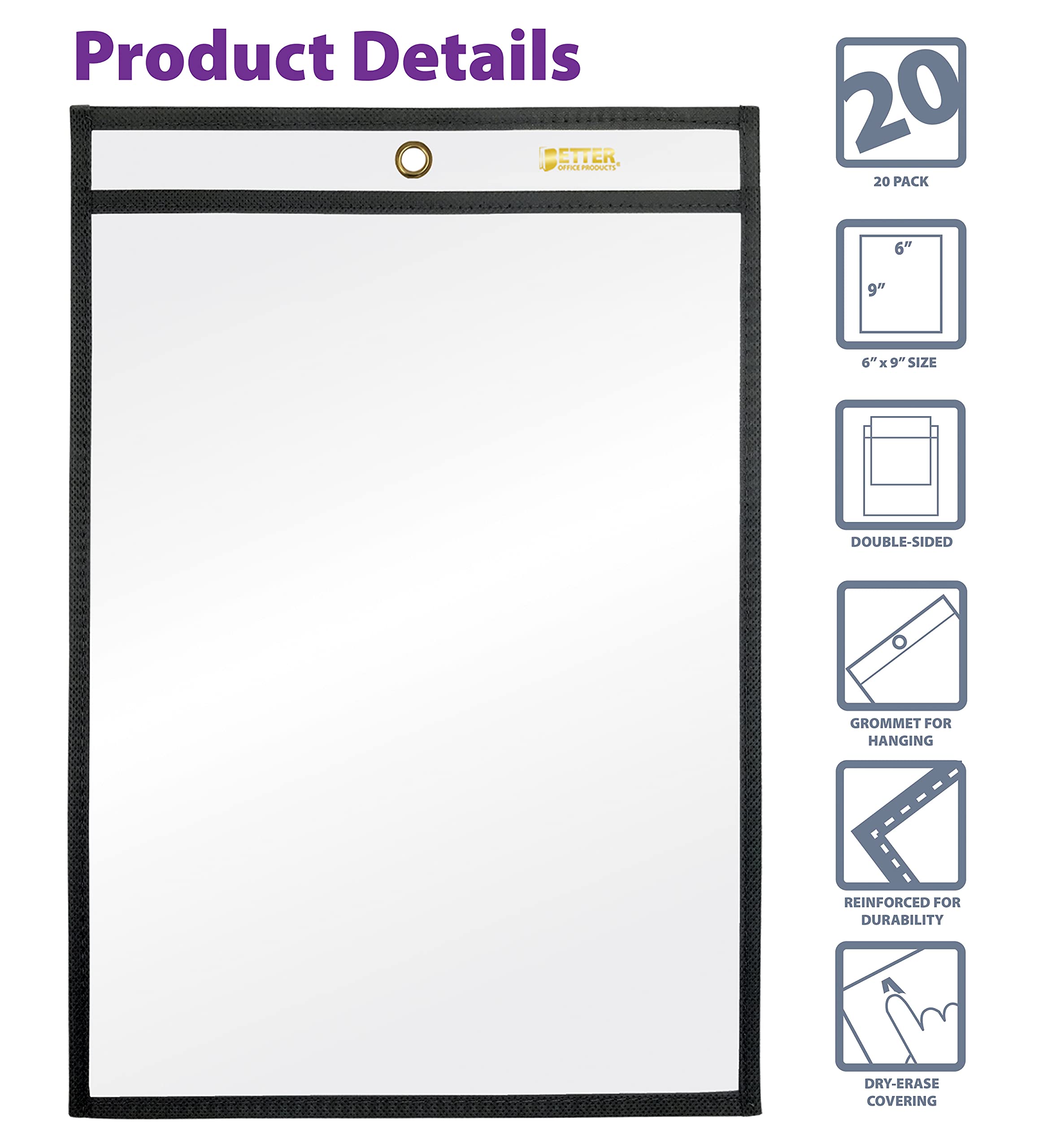 Better Office Products - Soportes para boletos, 15,2 x 22,8 cm, ambos lados transparentes, borde negro cosido, paquete de 20
