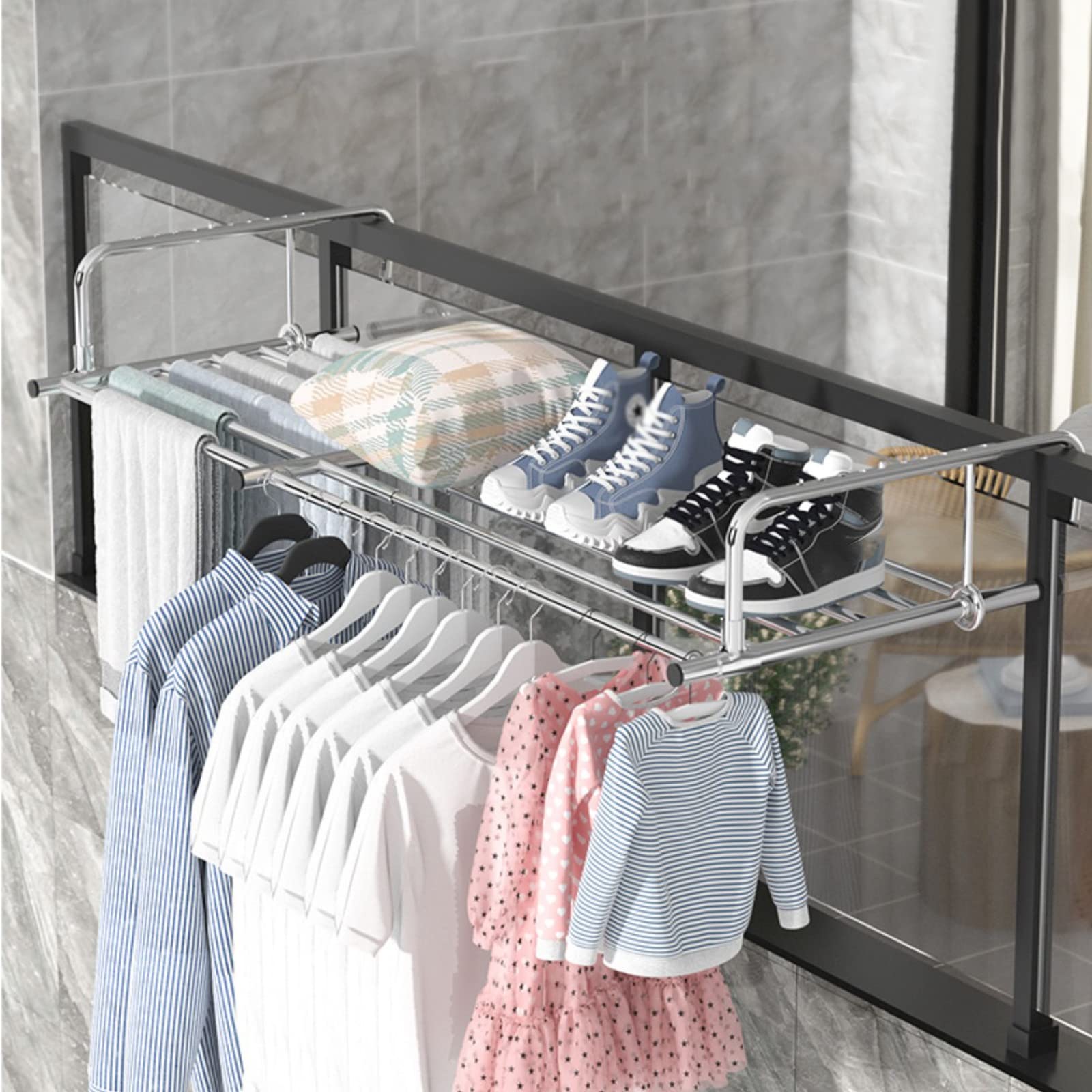 Wäscheständer Balkon-Trockenständer Edelstahl Wäschetrockner Klappbarer Schuhständer, Faltbarer Tragbarer Platzsparender Wäschetrocknerständer, Ausziehbarer Wäschetrocknerständer, Silber 60-10 (Silber