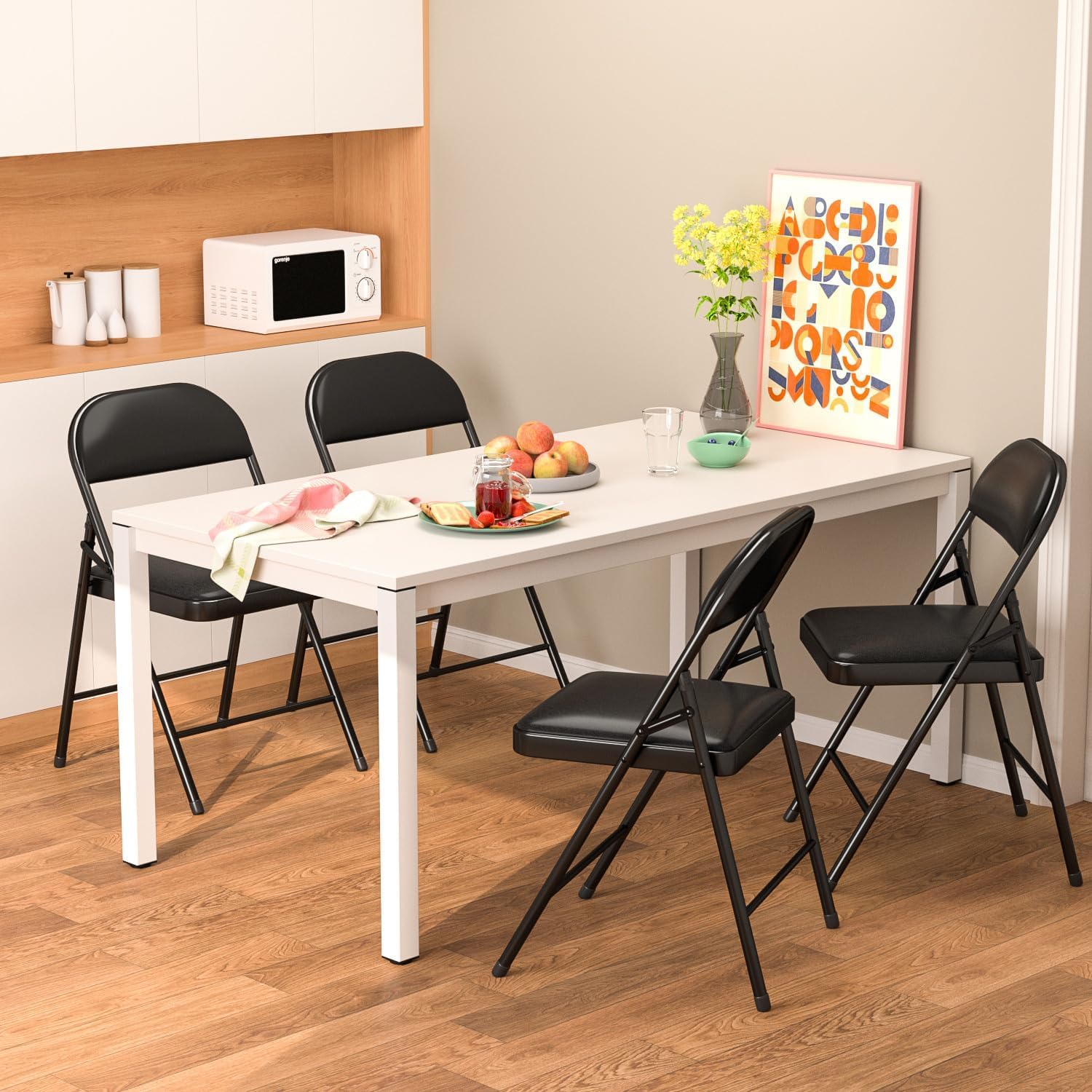 Set di 4 Sedie Pieghevoli nere, Robuste, imbottite con struttura in metallo – portata 140 Kg ideale per ufficio scrivania Sedia Pieghevole Salvaspazio