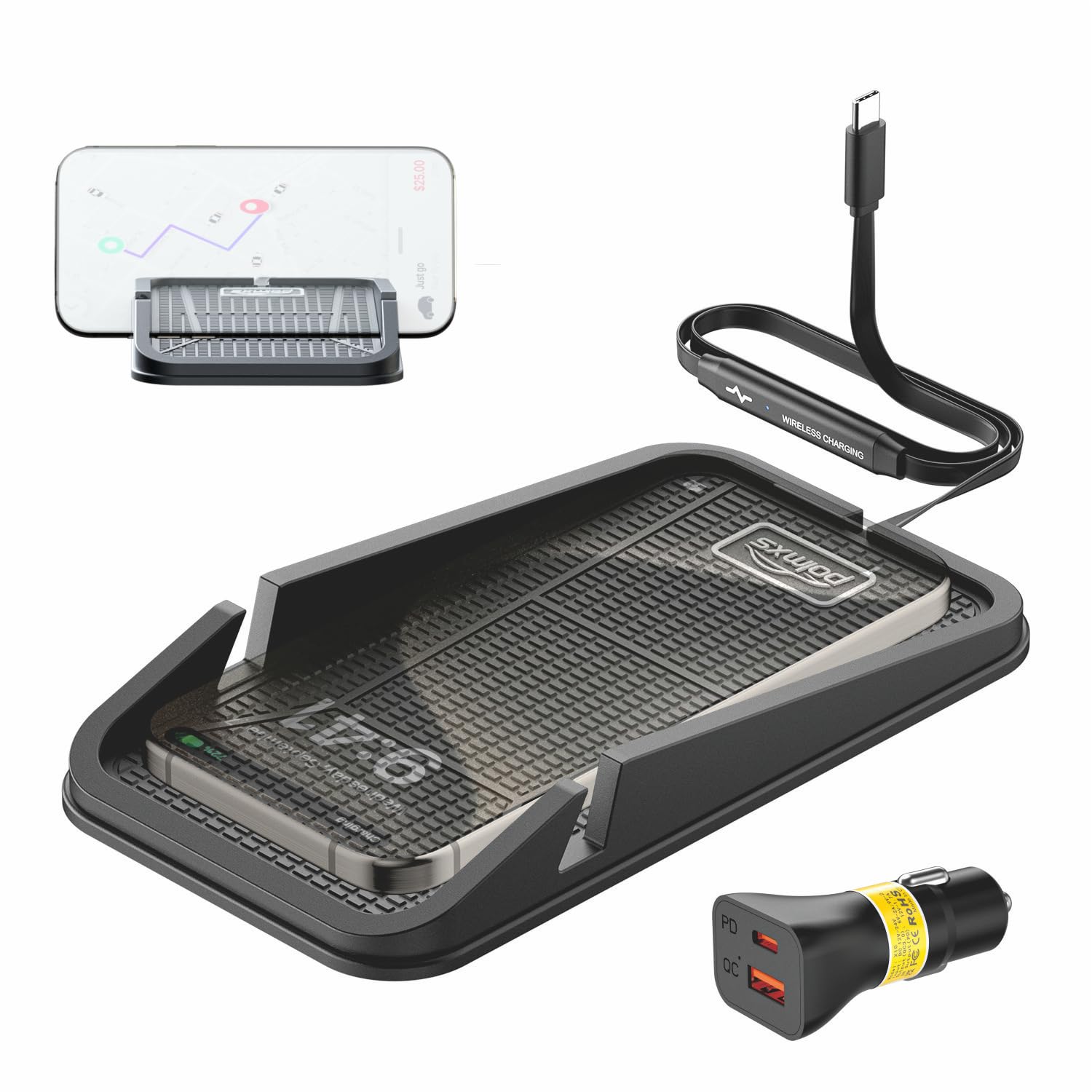 15W Wireless Car Charger Pad, Polmxs 2 in 1 Large Car Phone Holder Wireless Charging Pad Non Slip Charging Mat incl. 40W Car Charger for iPhone 16 15 Pro Max 14 13 12 Samsung Google Aiprods