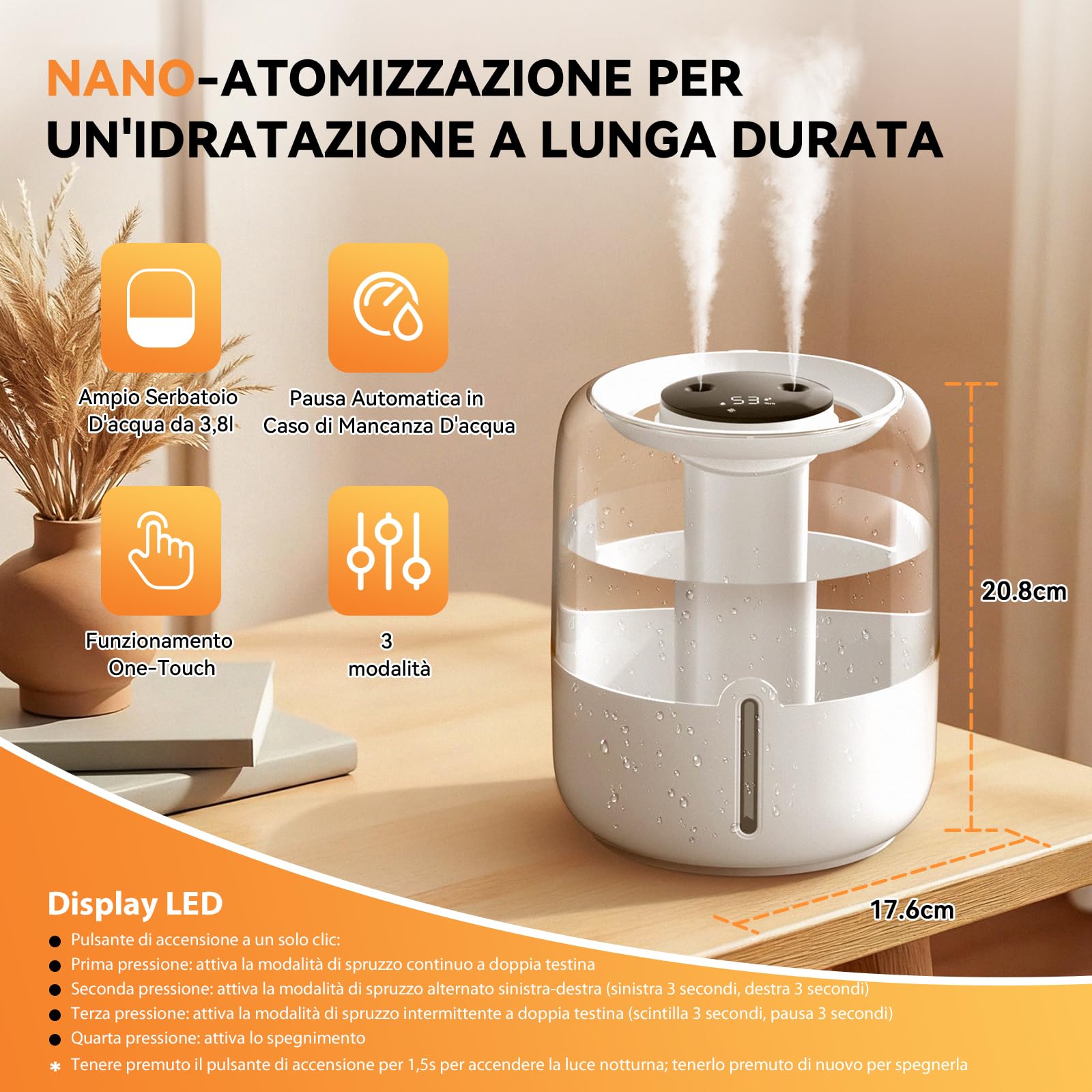 Umidificatore Ambiente Bambini | Umidificatore 3.8L Ultra Silenzioso 36dB, Diffusore Oli Essenziali, Top-Fill, Luce Notturna, Auto Spegnimento per Casa, Ufficio, Neonati e Piante, Bianco