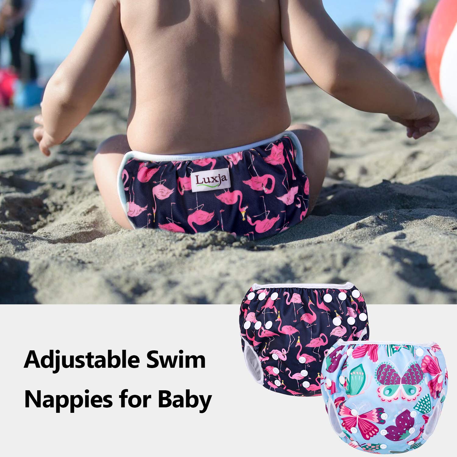Luxja Couches de Bain, Bébé Maillot de Bain 2PCS, Lavable, Réutilisable, Ajustable, Pour les enfants de 0-3 Ans, Flamingo + Papillon