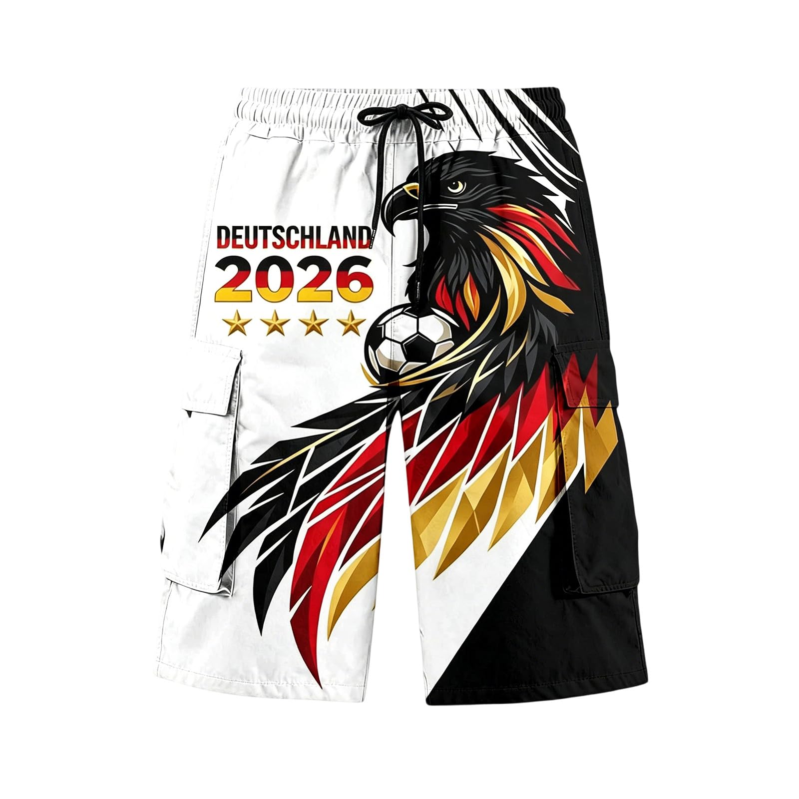 Herren Cargo Shorts mit Adler und 4 Stern Deutschland Flagge Retro Kurze Hosen WM 2026 Fußball Sportshorts Elastische Bund Cargoshorts Freizeithose Deutschland-Symbol Arbeitshose