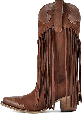 onlymaker Womens Mid-Calf Boots Fashion Cowboy Boot Chunky Heel Snip Toe with Fringe Patchwork Design